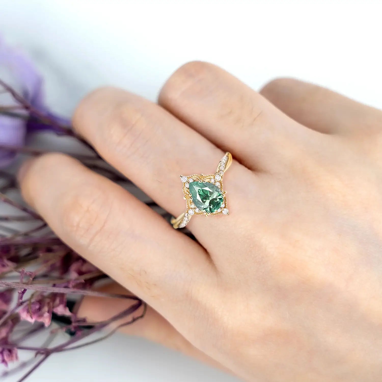 Vintage Teal Moissanite Engagement Ring – Nature-Inspired Infinity Design unique promise rings for ladies 18k jewelry