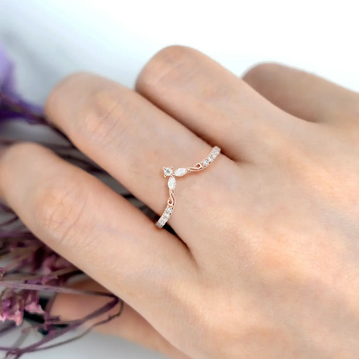 Rose Gold V-Shaped Moissanite Stackable Matching Wedding Bnad | women ring