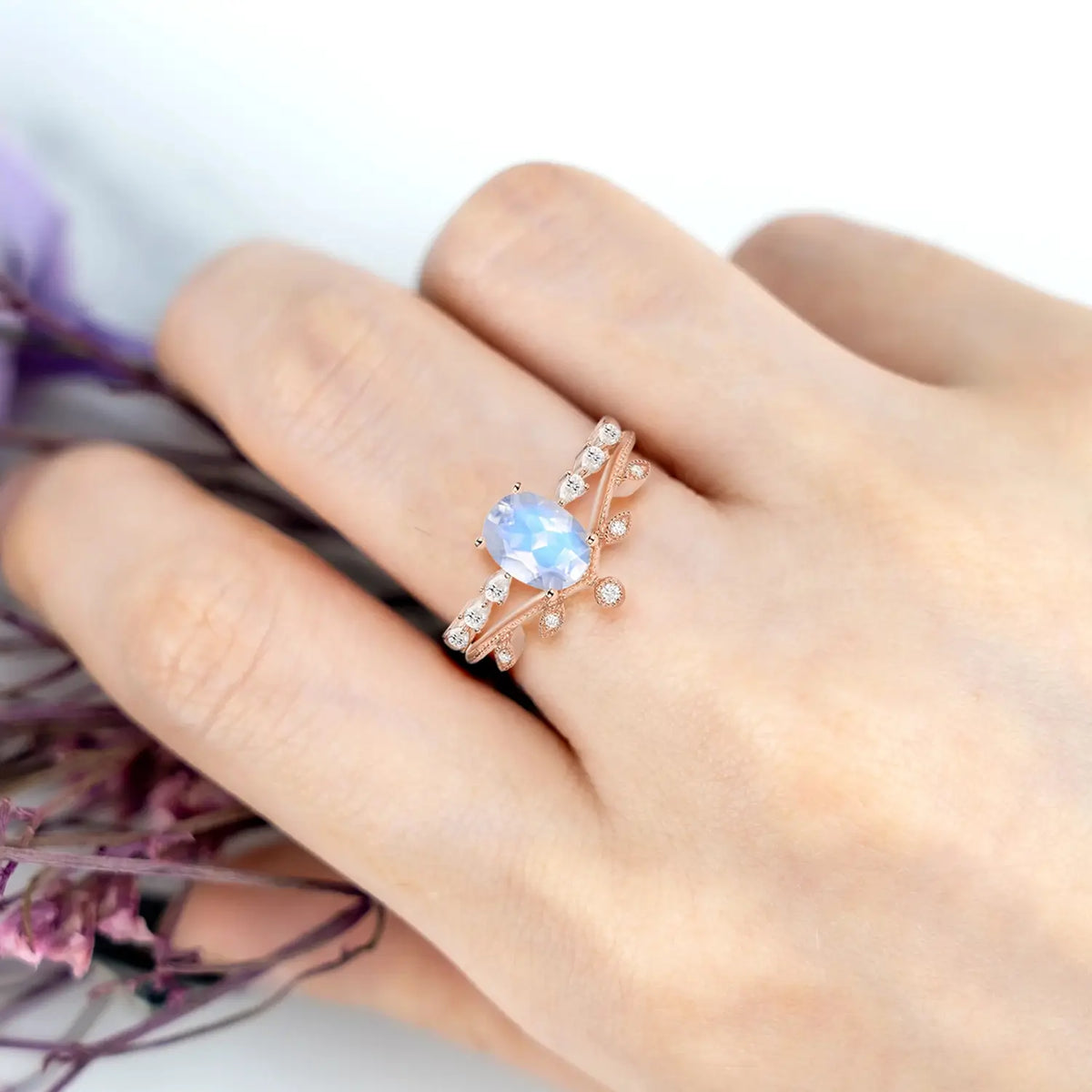 Moonstone Oval Chevron Engagement Ring Set – 2pcs Art Deco Leafy Rings custom yellow gold ring
