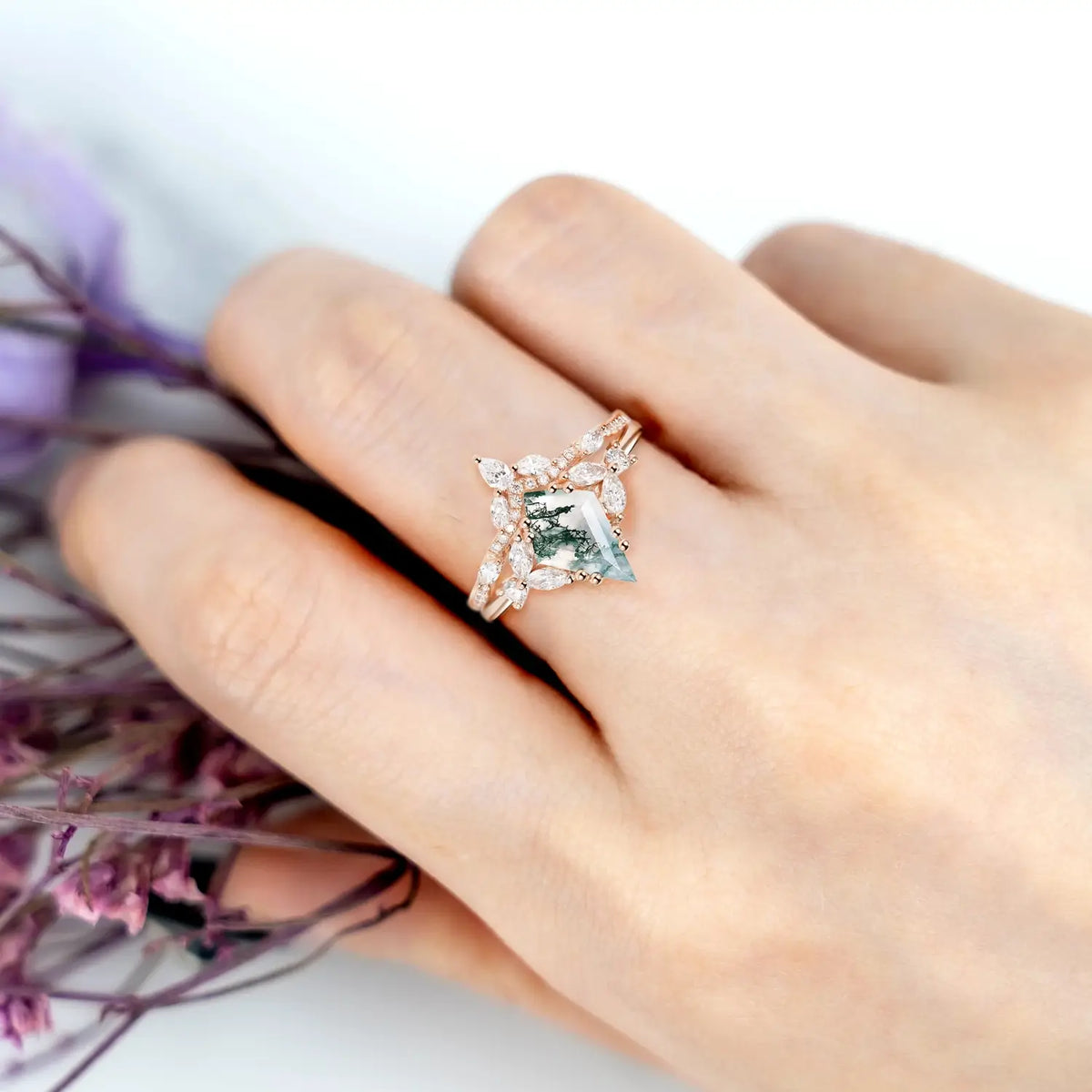 Sylvan Crown Moss Agate Cluster Ring Set – Unique Artistic Engagement Rings rose gold wedding ring