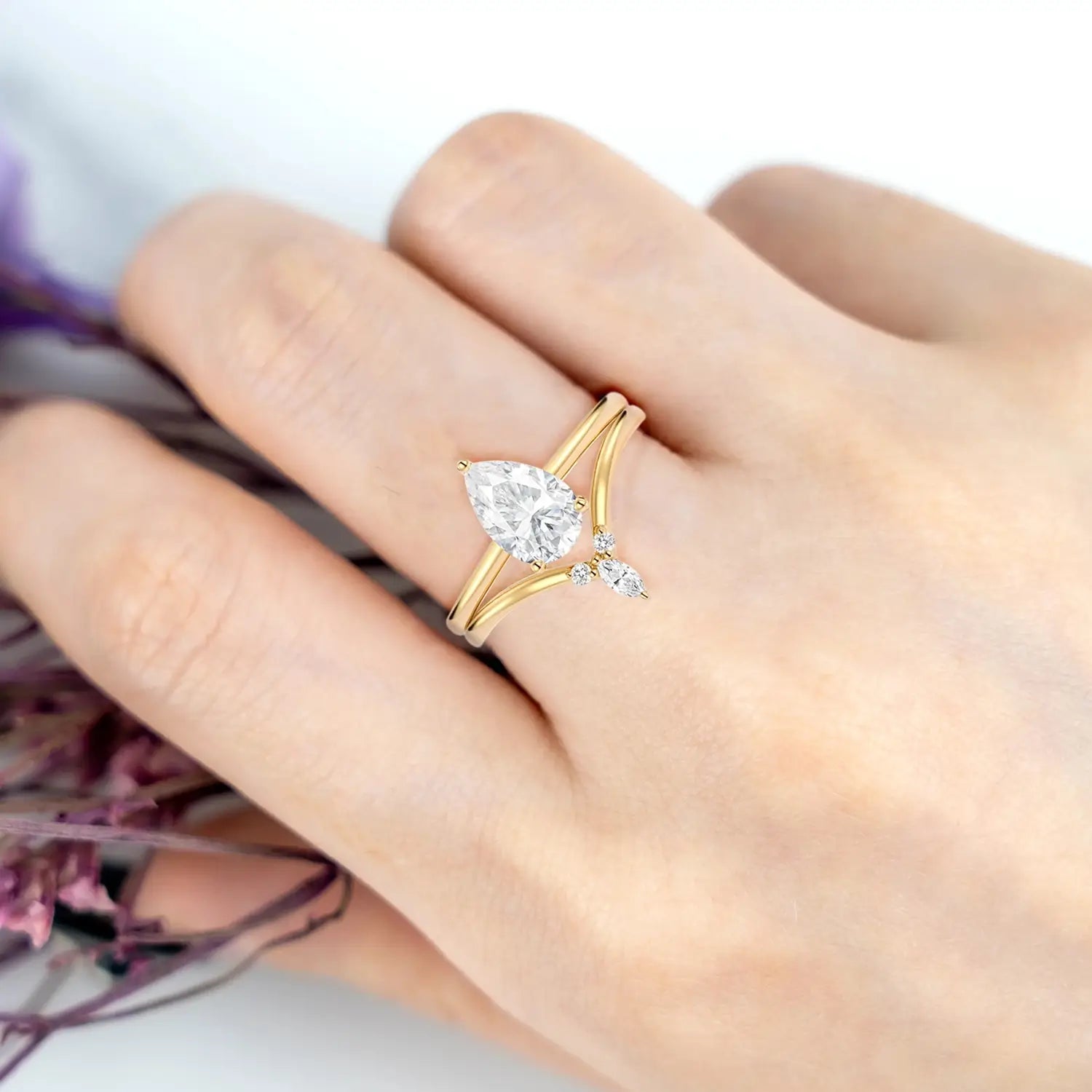 Minimalist Pear-Shaped Moissanite Engagement Ring Set – Bridal Stack jewelry anniversary gift