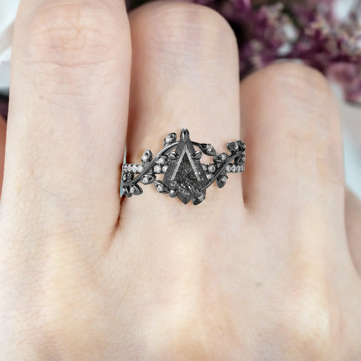 Kite Cut Black Rutilated Quartz Engagement Ring –Pave Leaf Rings Black Gold