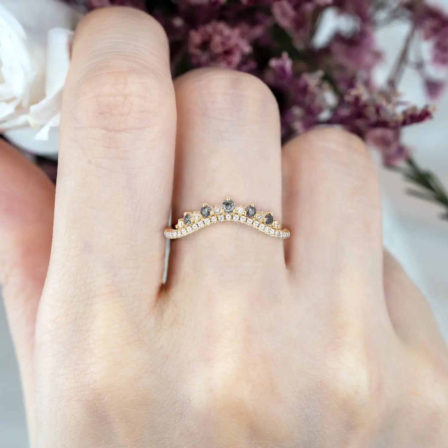 Salt and Pepper Diamond Chevron Wedding Band in 18k Gold Stackable Gold Matching Bands