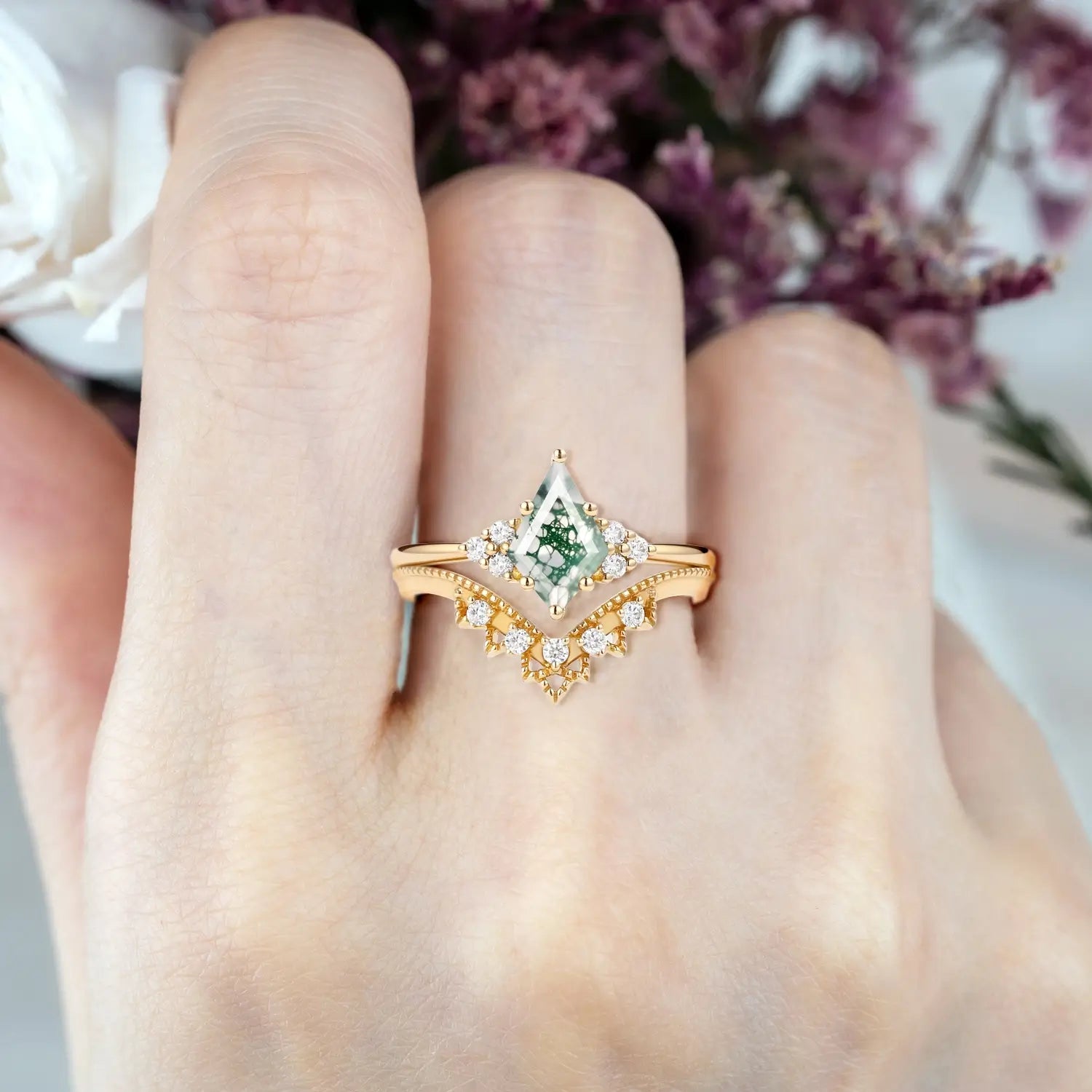 Vintage Cluster Moss Agate Engagement Ring Set orleone custom yellow gold ring for women promise gift