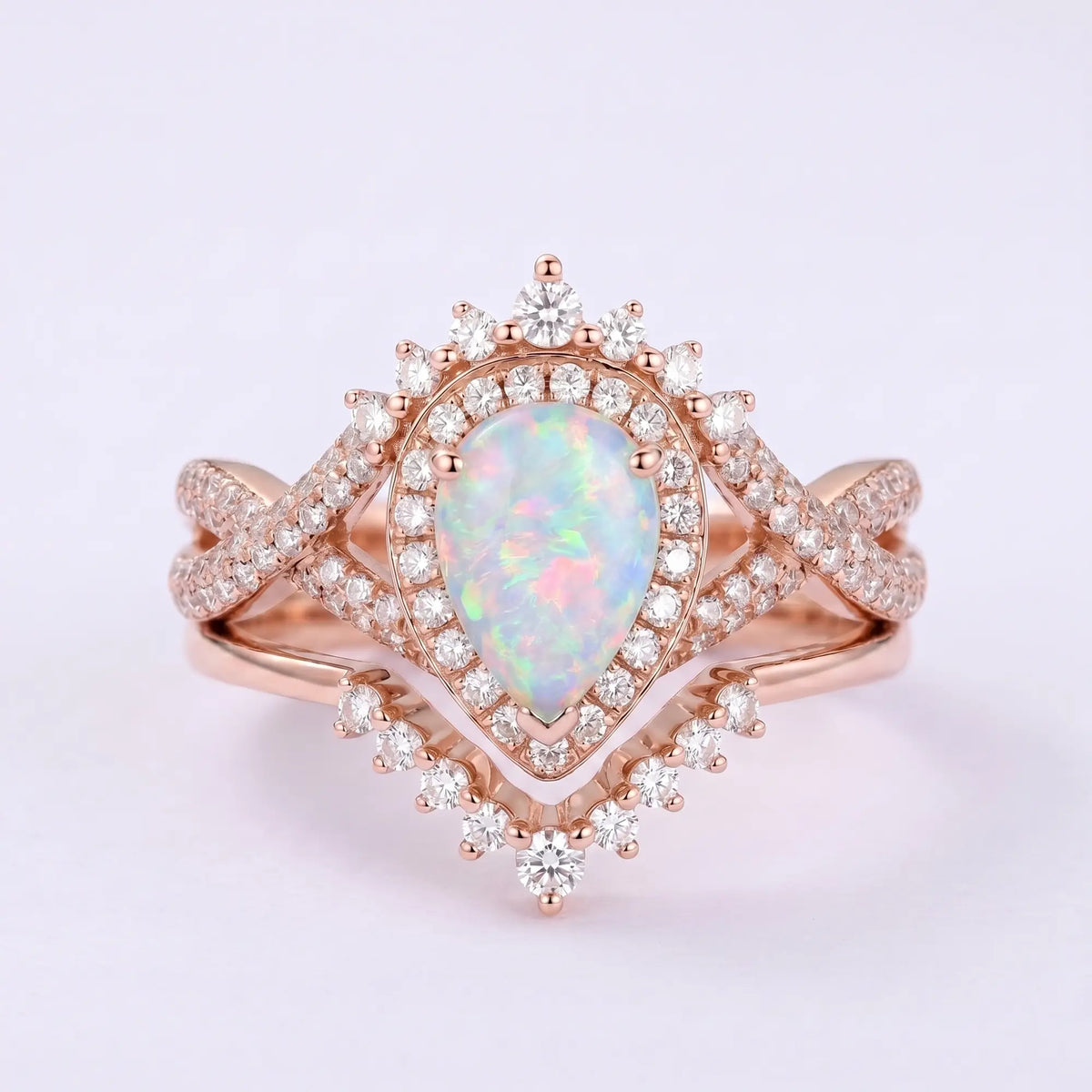 Celestia Loop – 2pc Infinity Halo Opal Engagement Ring Set Pear Cut
