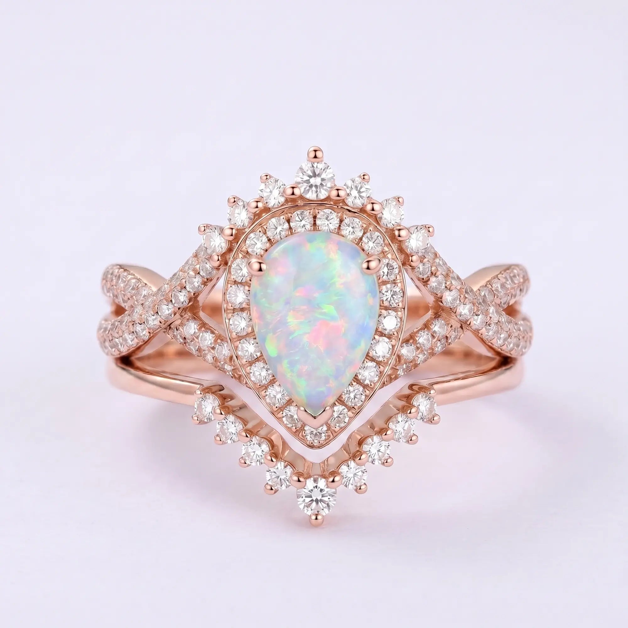 Celestia Loop – 2pc Infinity Halo Opal Engagement Ring Set Pear Cut