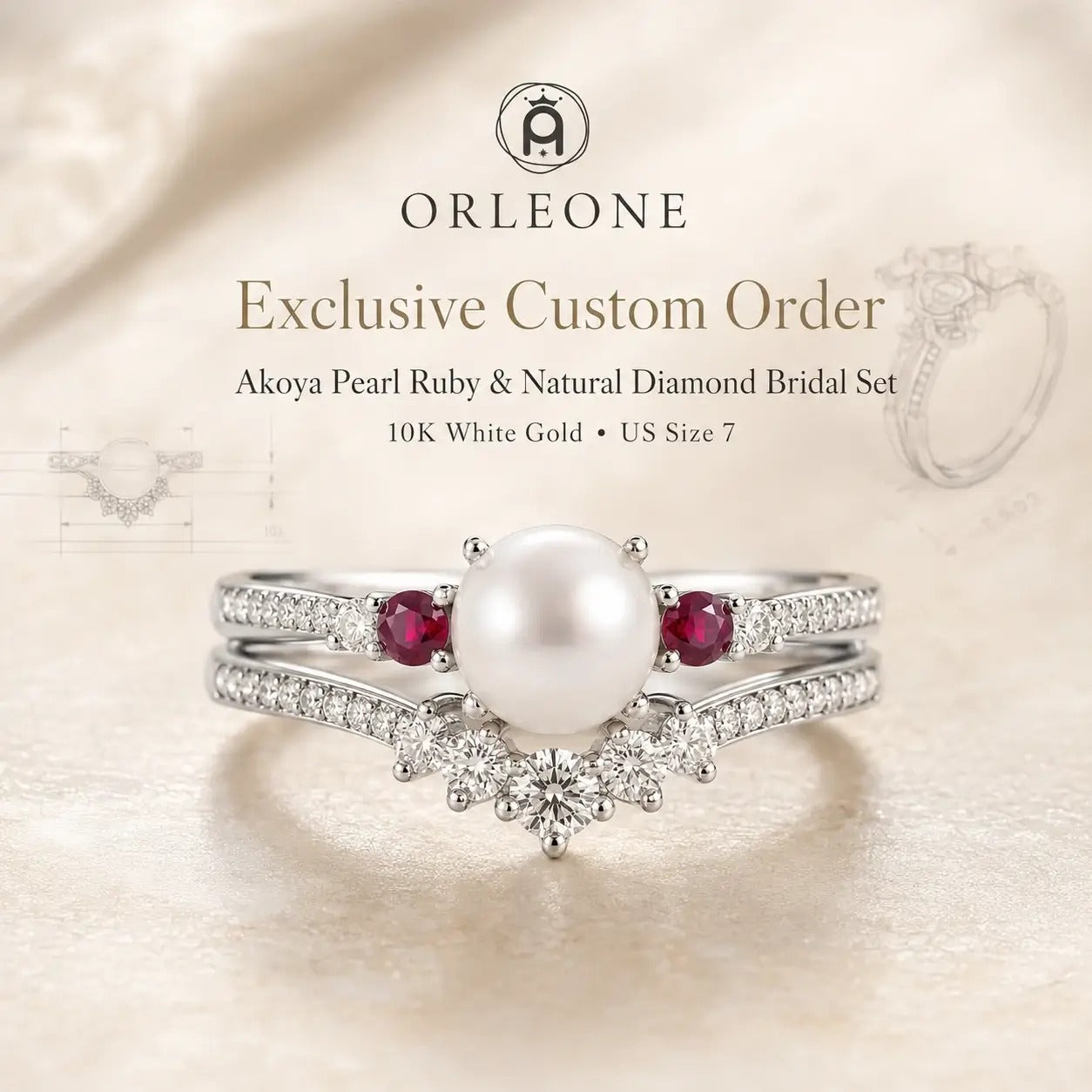 Custom Akoya Pearl Ruby & Natural Diamond Bridal Set – 10K White Gold | Lumera