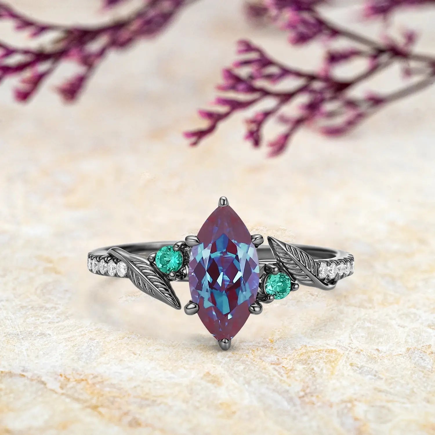orleone Marquise Alexandrite Leaf Engagement Ring – Black Gold Art-Inspired Design