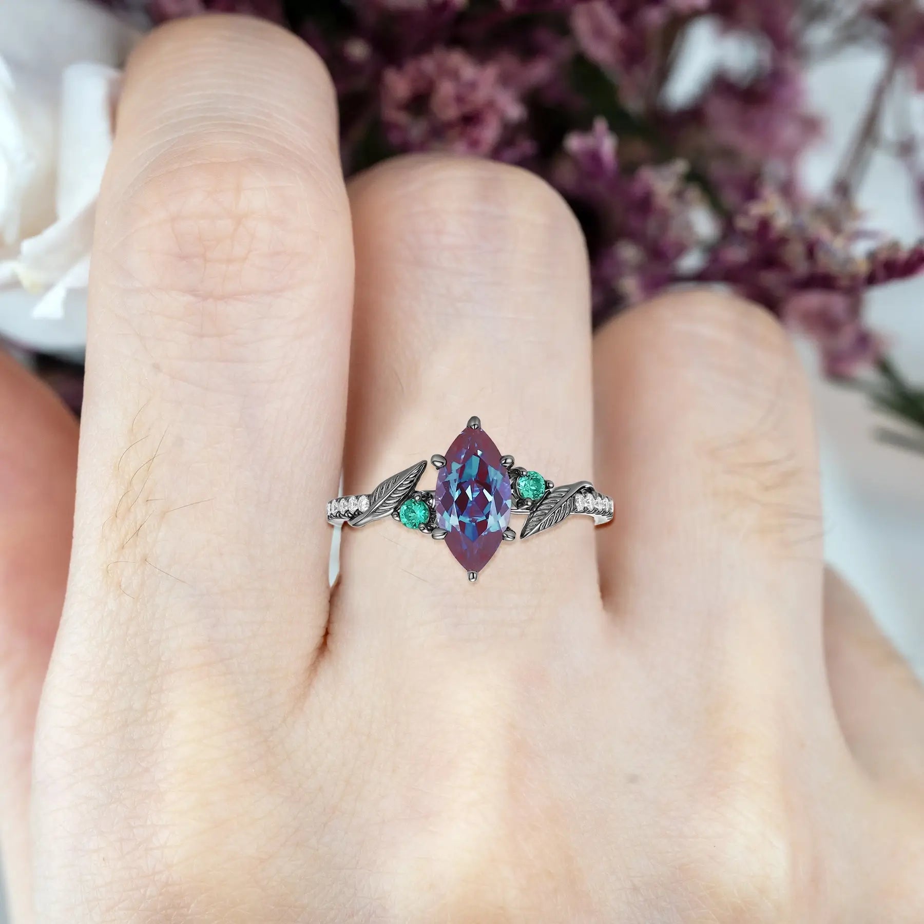 orleone Marquise Alexandrite Leaf Engagement Ring – Black Gold Art-Inspired Design for women