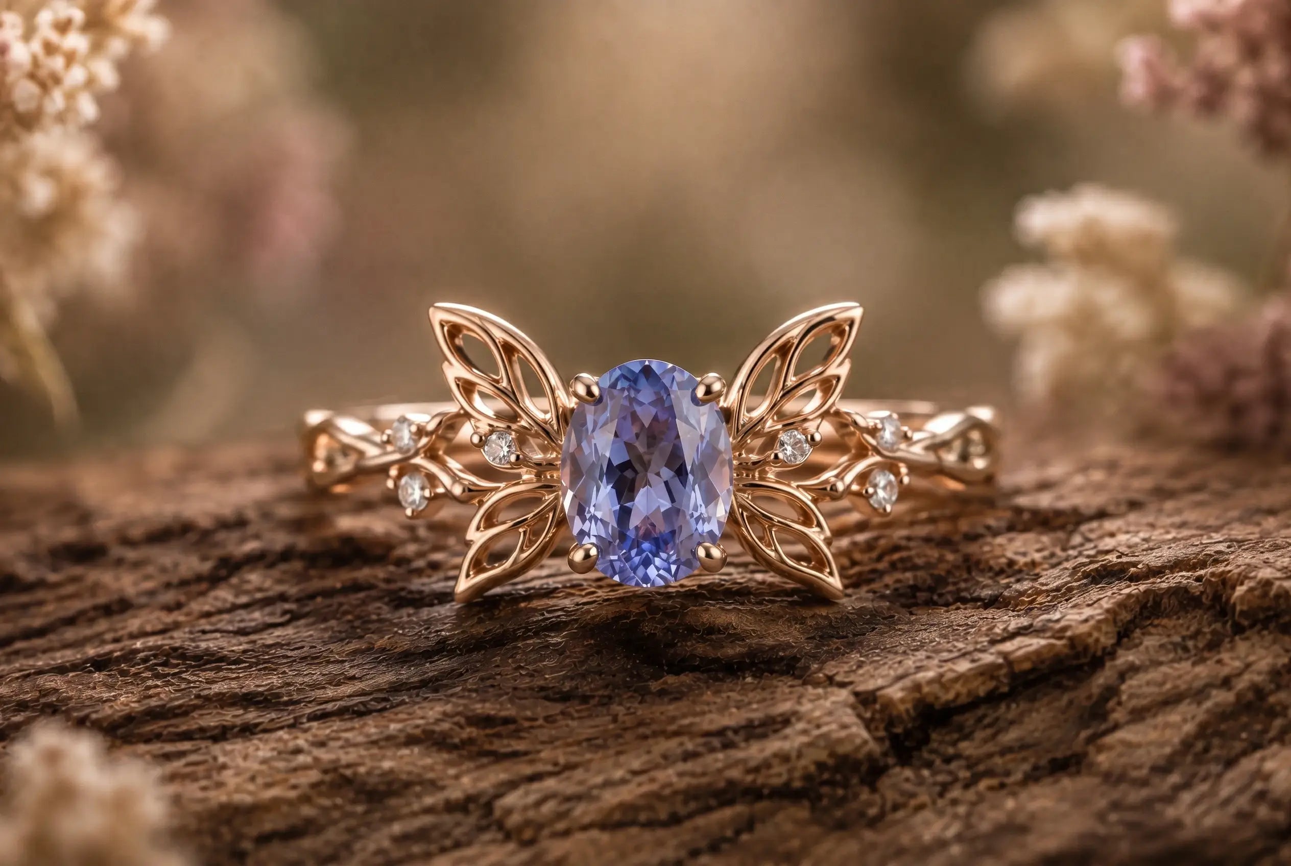 Animal inspired engagement ring with delicate wildlife motif and gemstone details in handcrafted gold