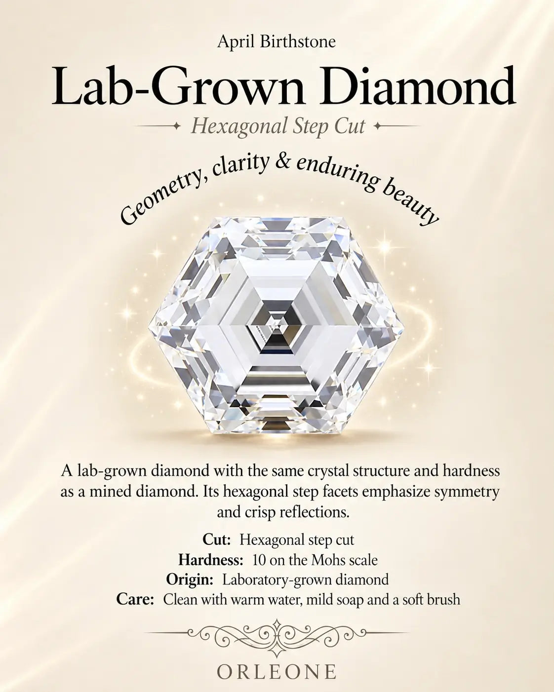 April birthstone - hexagonal step cut lab diamond illustration