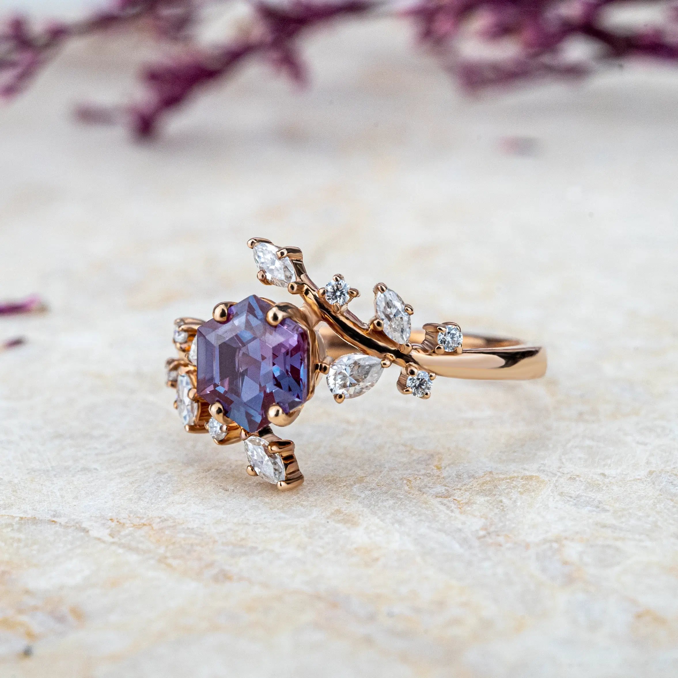 Rose Gold Alexandrite Art Ring – Natural Inspired Floral Engagement Ring Orleone