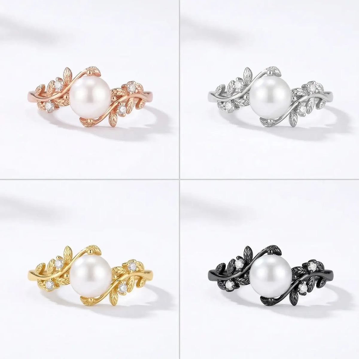 Art Deco Akoya Pearl Engagement Ring in 14K Gold Leaf Rings anniversary gift for ladies promise gift with 4materia color