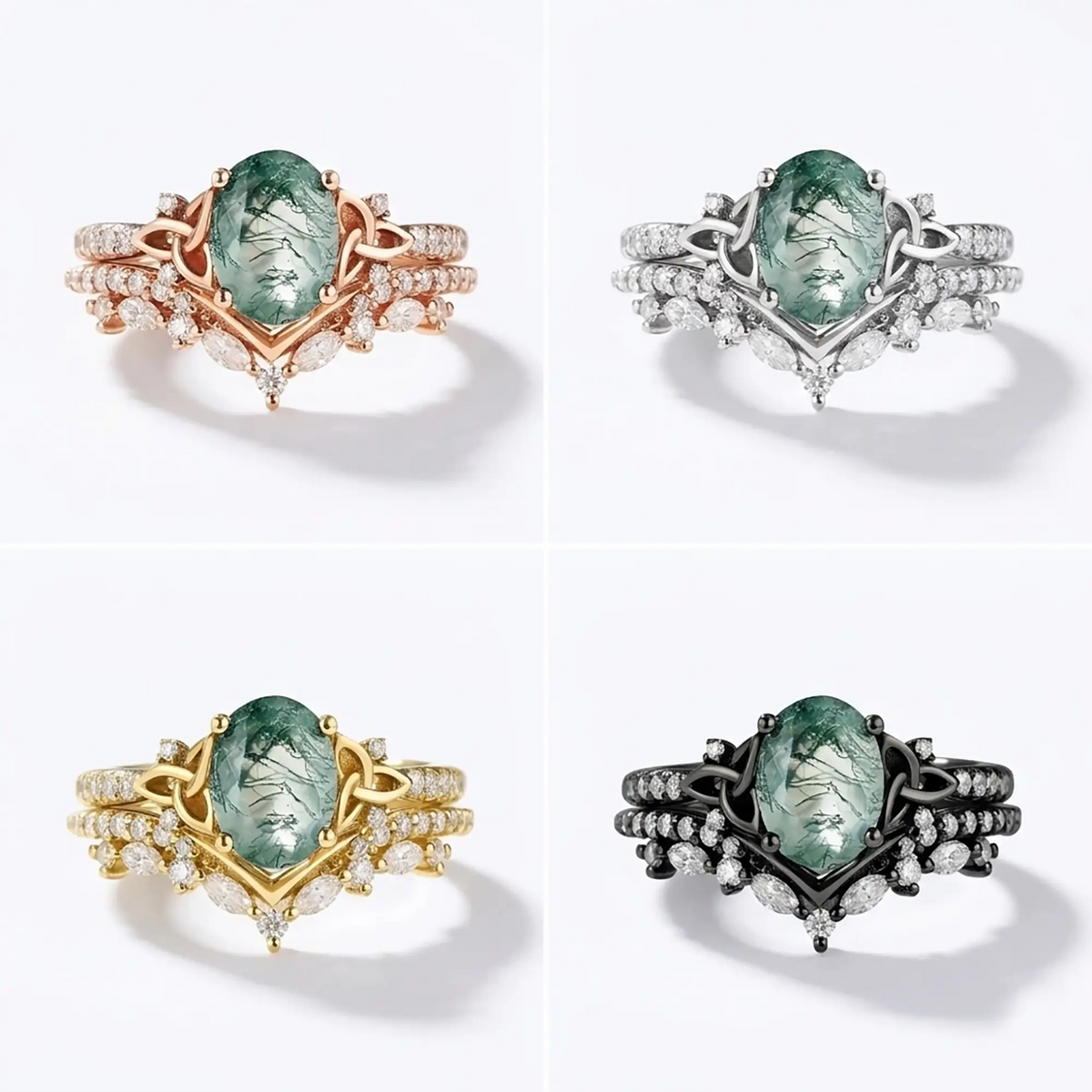 Art Deco Oval Moss Agate Engagement Ring Set Celtic Knot Wedding Band – Aeloria