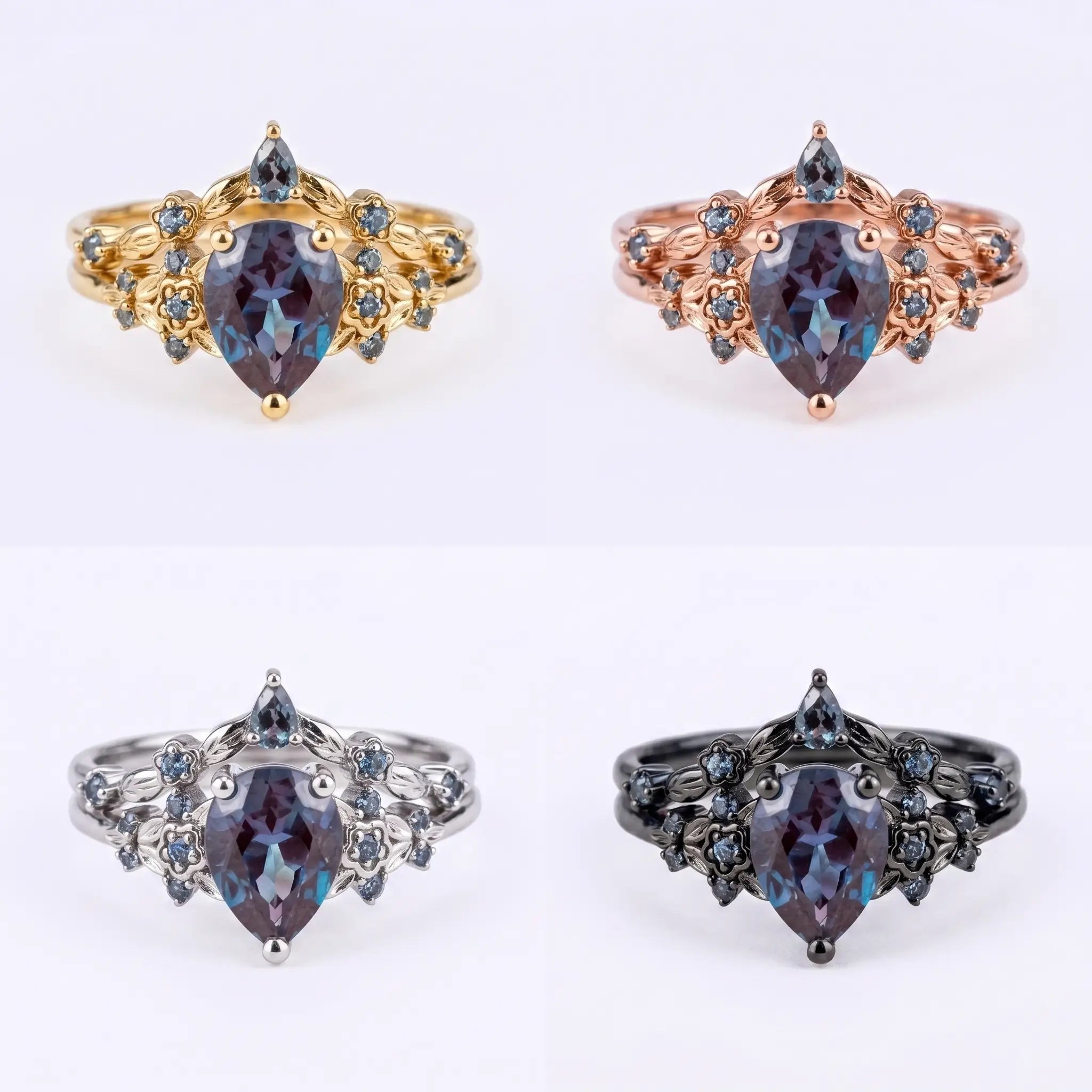 Black Floral Alexandrite Ring Set – Unique Rhodium Black Bridal Jewelry