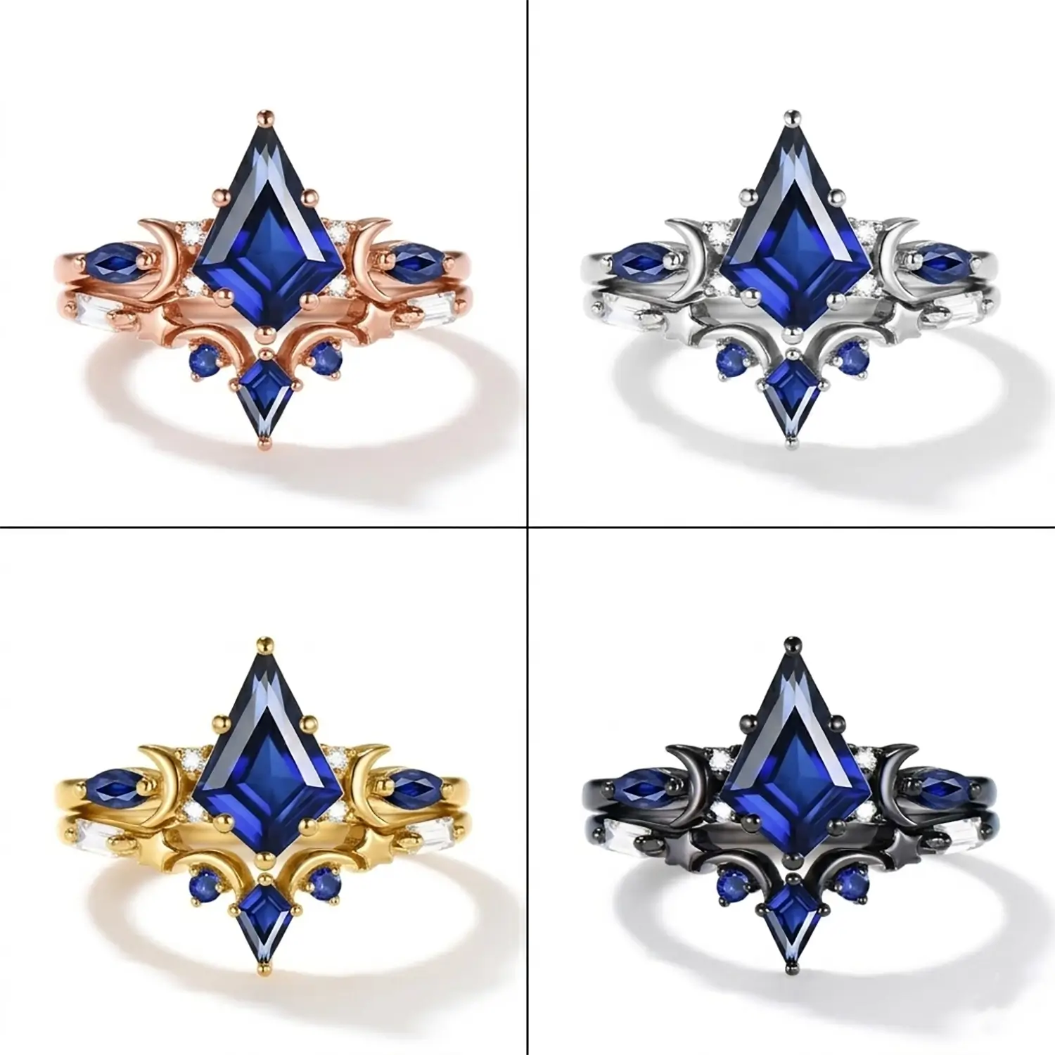 Black Gold Kite Cut Sapphire Engagement Ring Set Gothic Moon Star – Nyxora