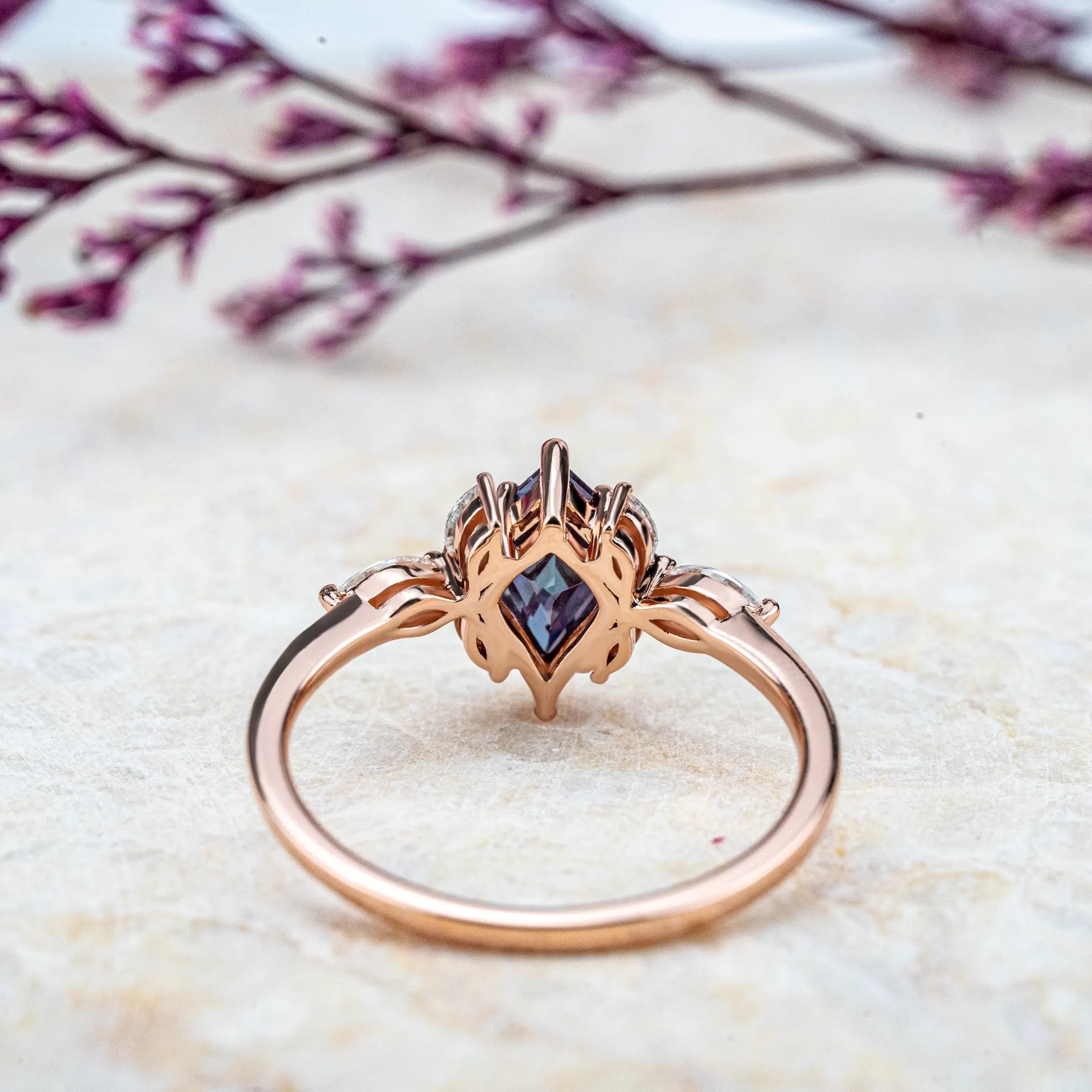 Kite Cut Lab Alexandrite Engagement Ring Flower Design Anniversary Rings For Womens