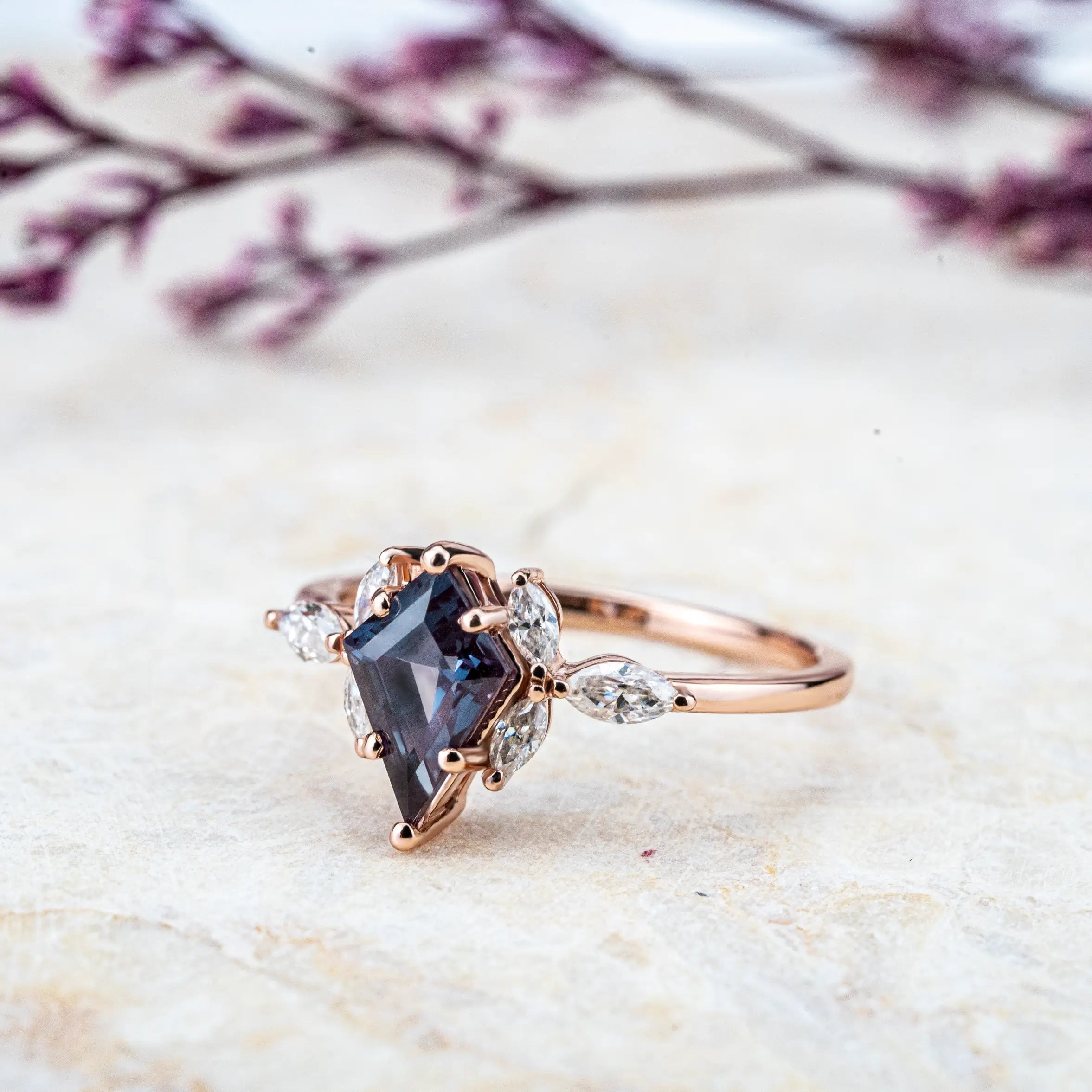 Kite Cut Lab Alexandrite Engagement Ring Flower Design Anniversary Rings For Womens