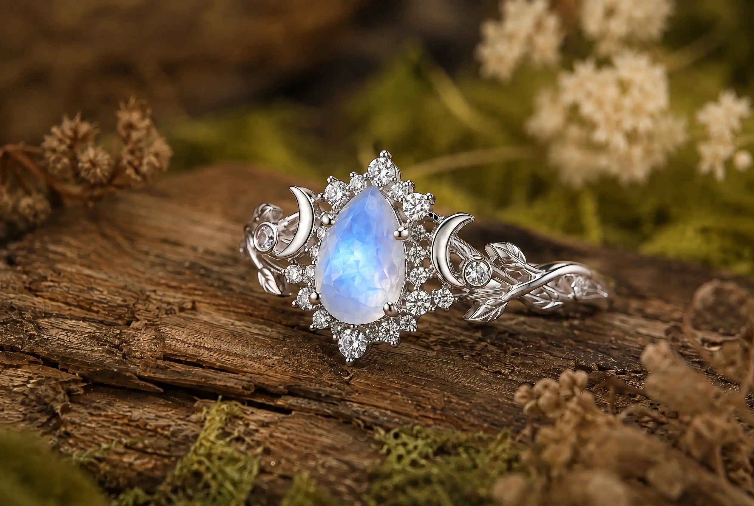 Celestial engagement ring with moon and star inspired details, gemstones and handcrafted gold