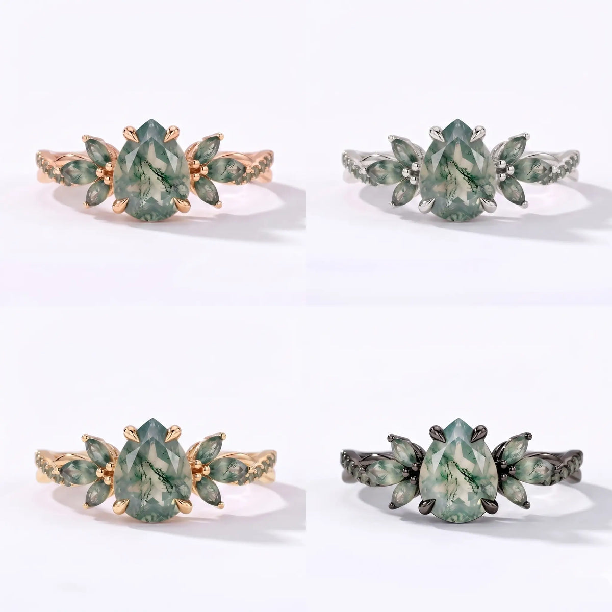 Pear moss agate engagement ring with a twisted floral band in yellow gold - 4color