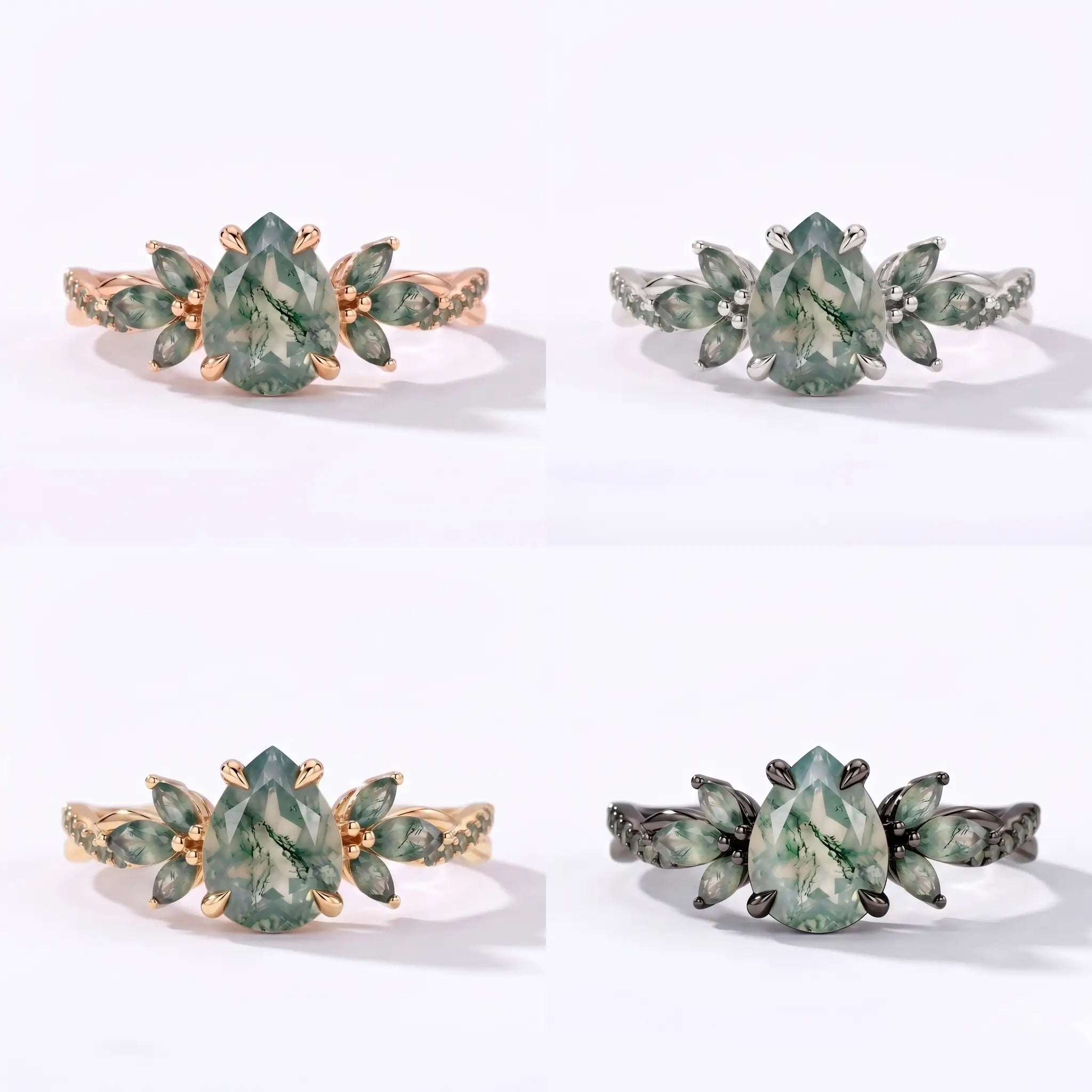 Pear moss agate engagement ring with a twisted floral band in yellow gold - 4color
