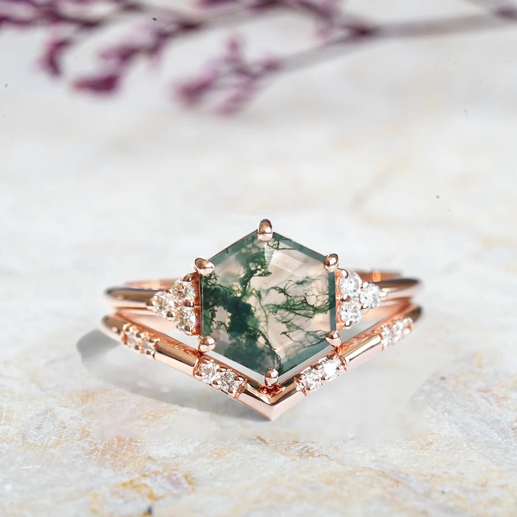 Hexagon Moss Agate Trio Ring Set – Luxurious Cluster Design Promise Gift 18K Rose gold rings