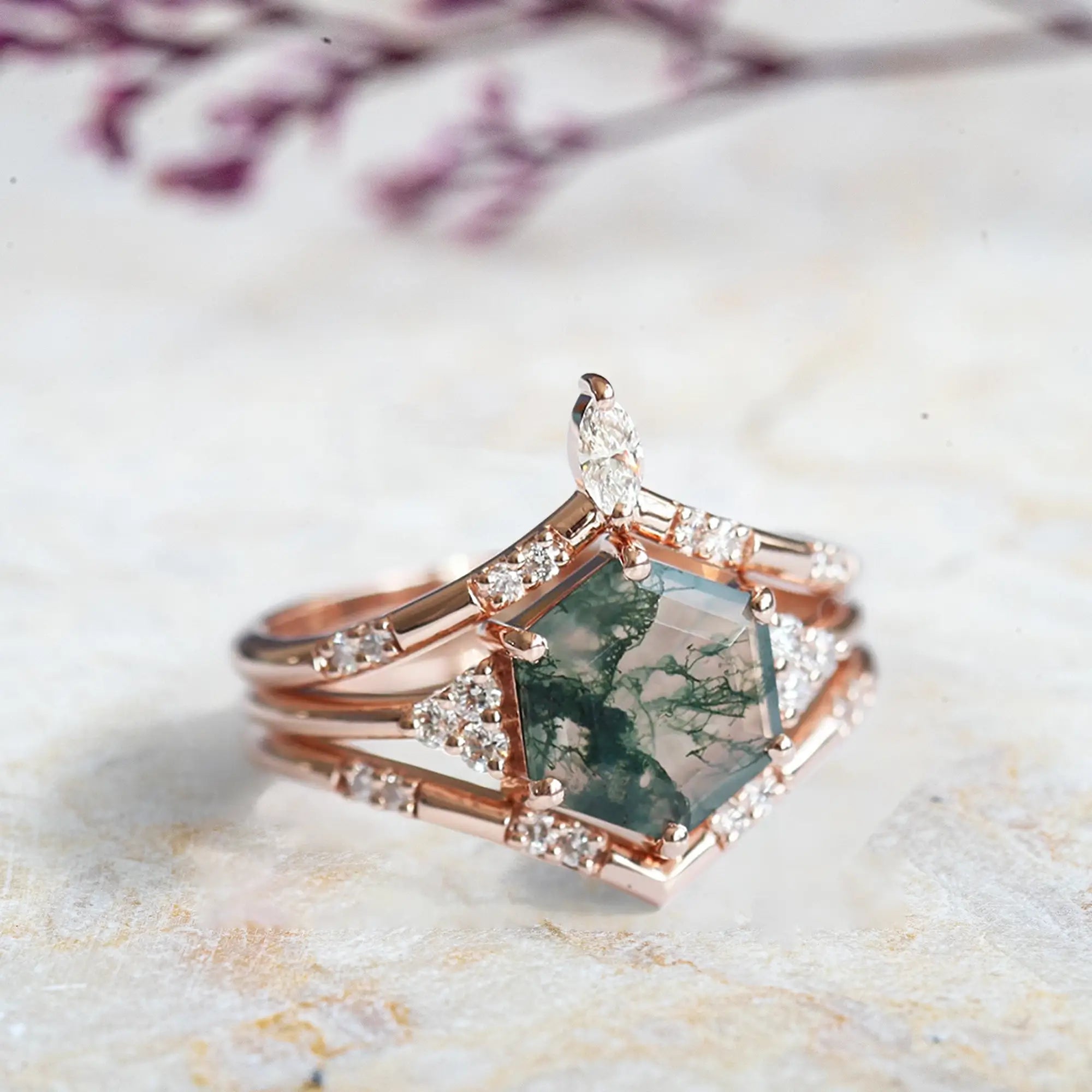 Hexagon Moss Agate Trio Ring Set – Luxurious Cluster Design Promise Gift 18K Rose gold rings