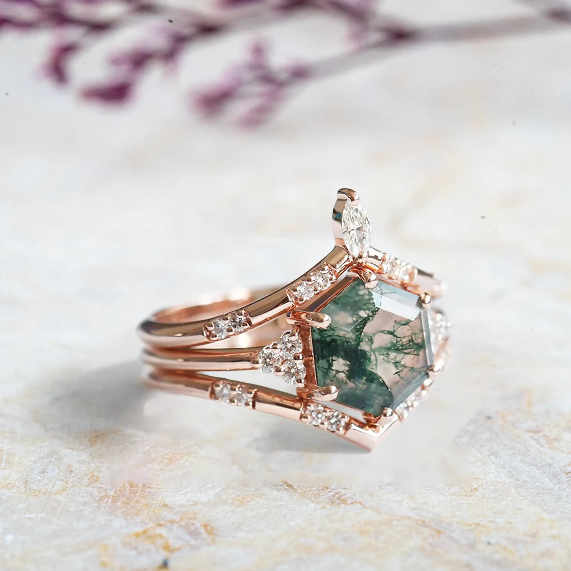 Hexagon Moss Agate Trio Ring Set – Luxurious Cluster Design Promise Gift 18K Rose gold rings