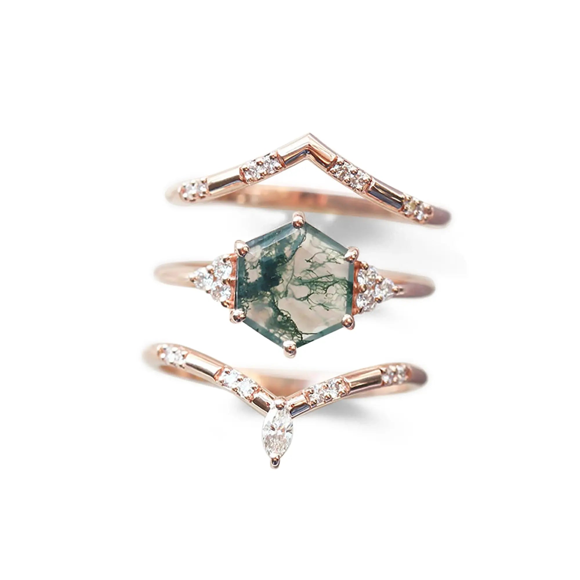 Hexagon Moss Agate Trio Ring Set – Luxurious Cluster Design Promise Gift 18K Rose gold rings 3piece