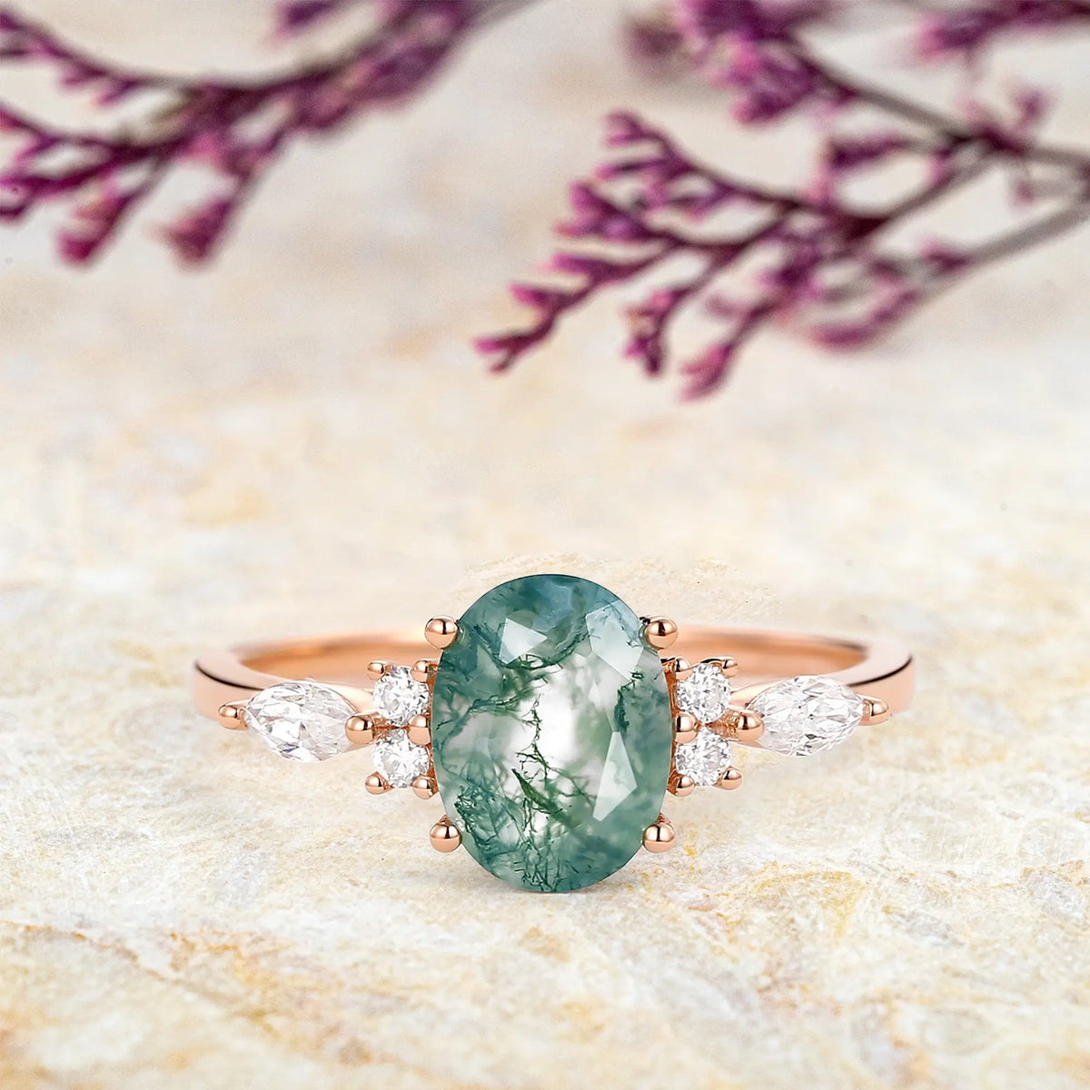Custom Rose Gold Oval Moss Agate Cluster Ring – Classic Engagement Rings For women