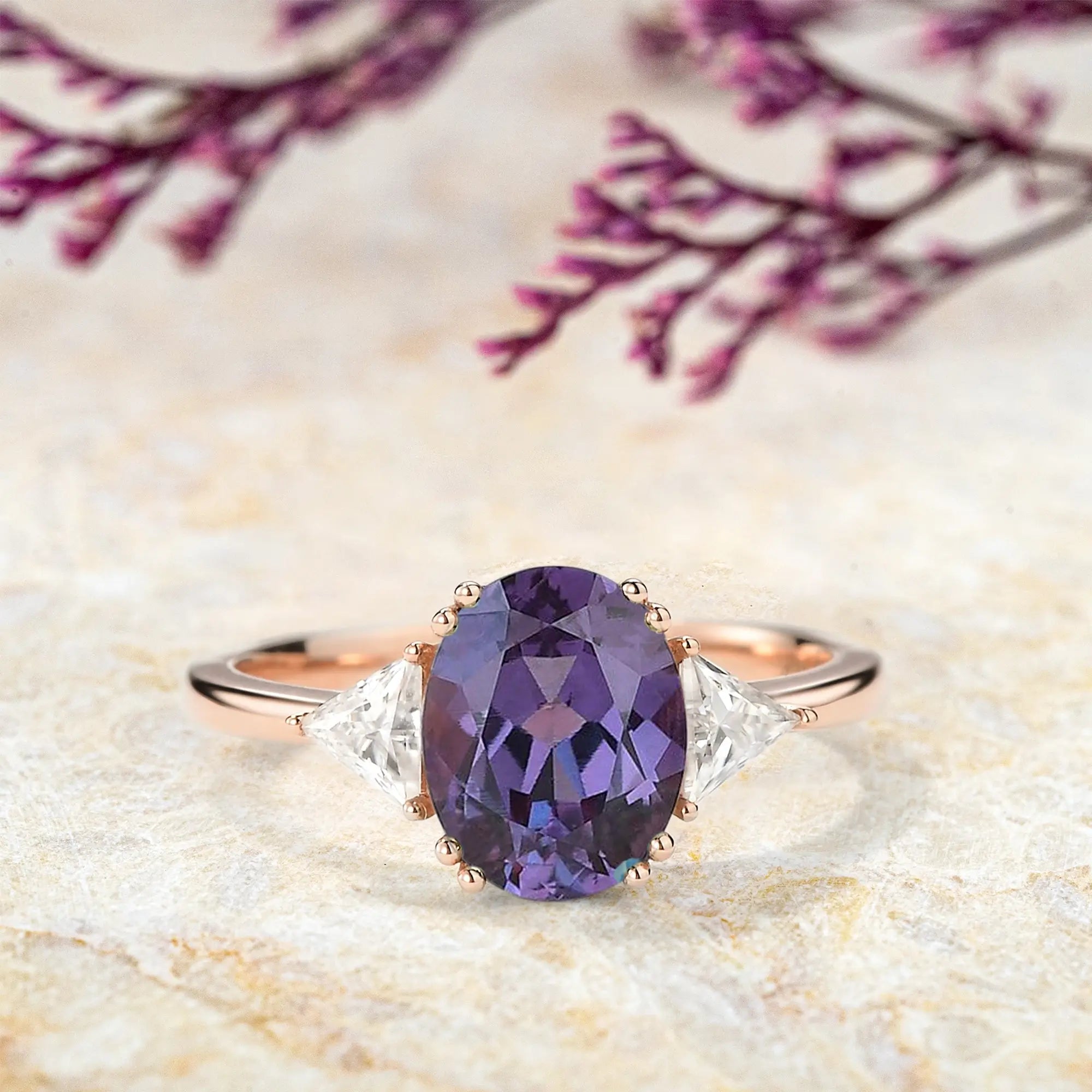 Rose Gold Lab Alexandrite Rings Three-Stone Engagement Ring for Ladies custom jewelry