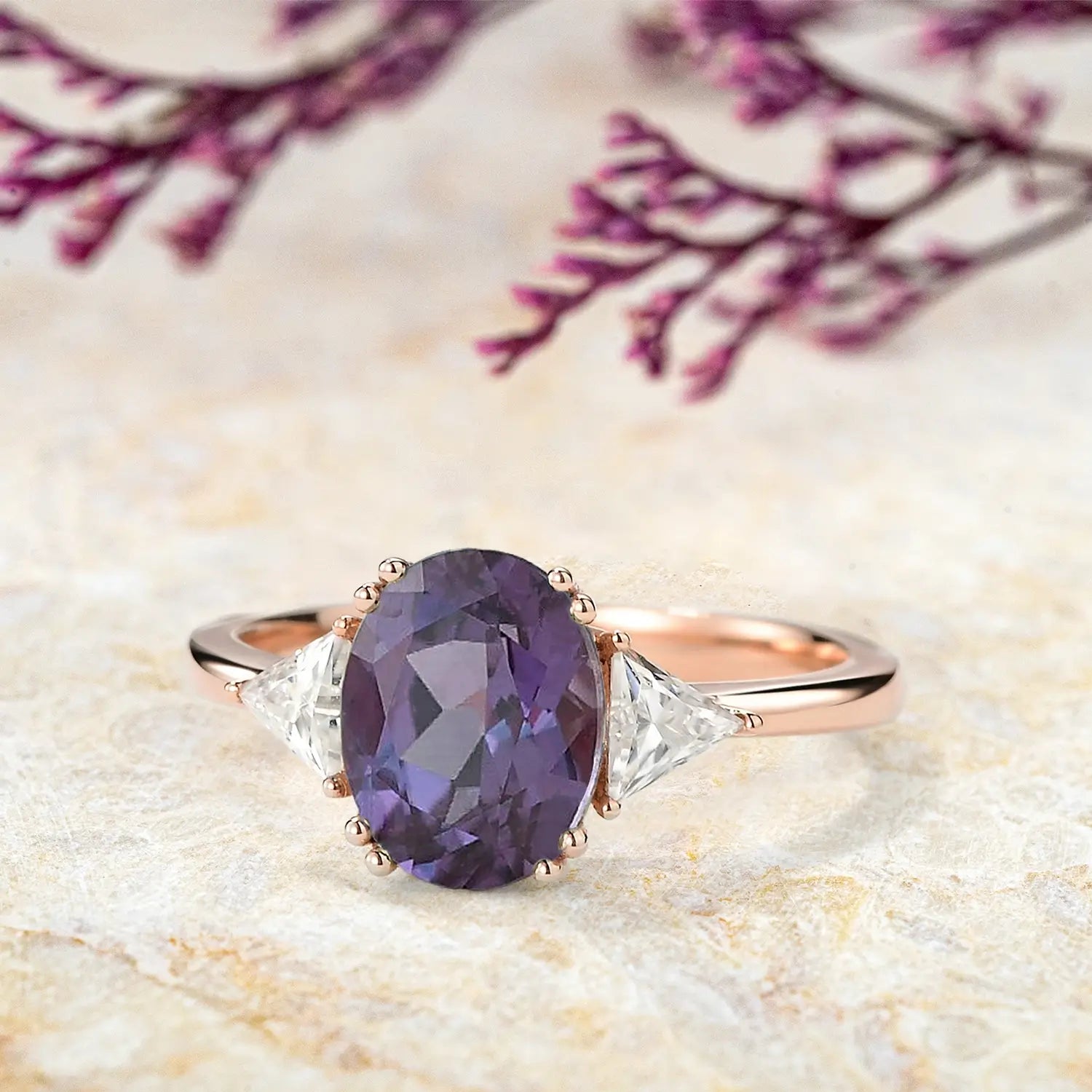 Rose Gold Lab Alexandrite Rings Three-Stone Engagement Ring for Ladies custom jewelry