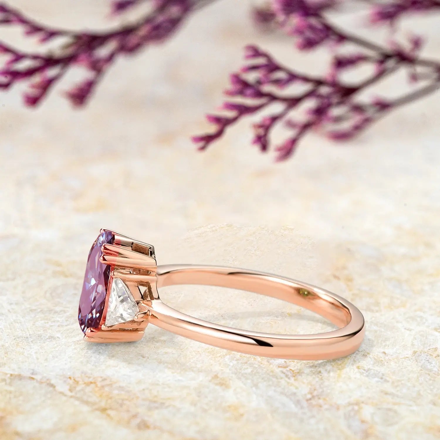 Rose Gold Lab Alexandrite Rings Three-Stone Engagement Ring for Ladies custom jewelry