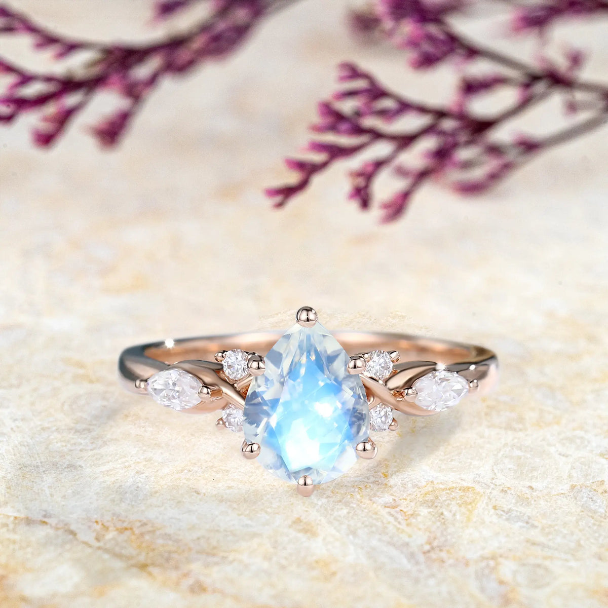 Pear Shaped Moonstone Engagement Ring – Custom Modern Birthstone Rings anniversary gift for women