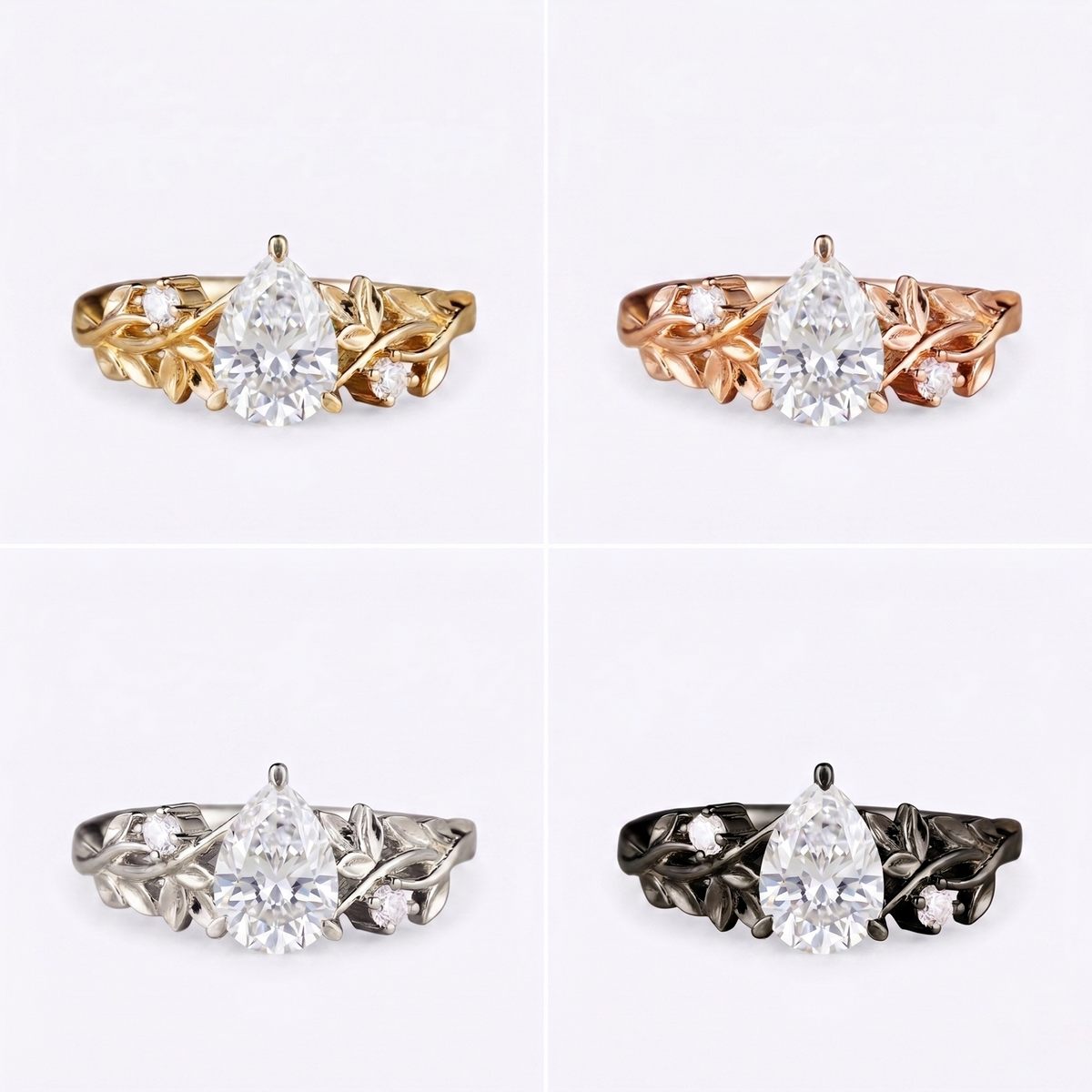 Pear Cut Moissanite Engagement Ring – Nature-Inspired 14K Gold Leaf Rings for women gift custom handmade jewelry