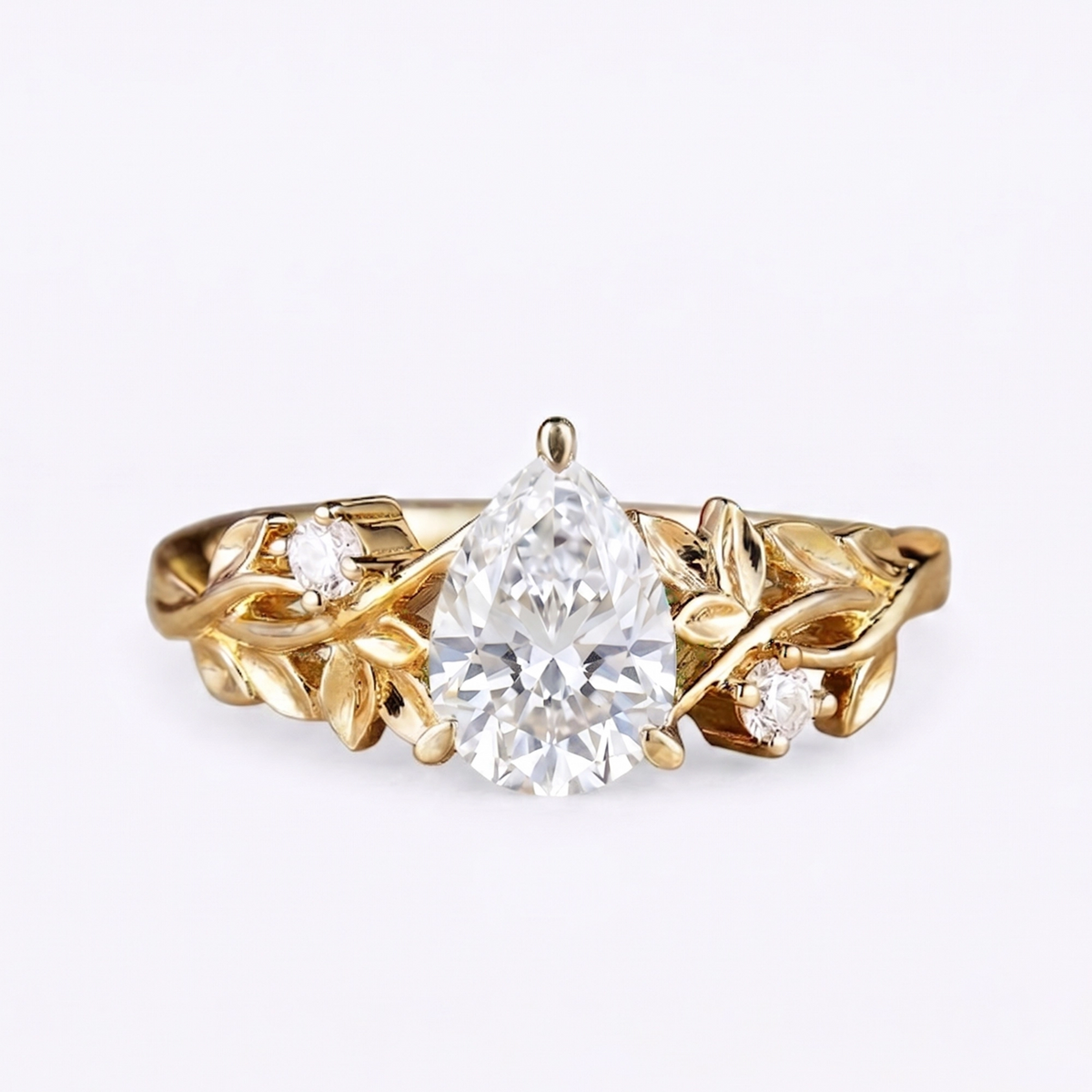 Pear Cut Moissanite Engagement Ring – Nature-Inspired 14K Gold Leaf Rings