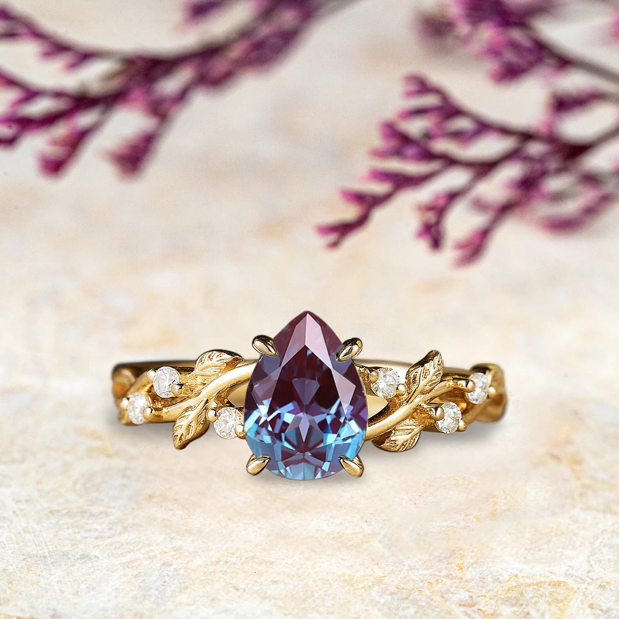 Pear Cut Alexandrite Engagement Rings – Nature-Inspired Gold Leaf Ring For ladies gift