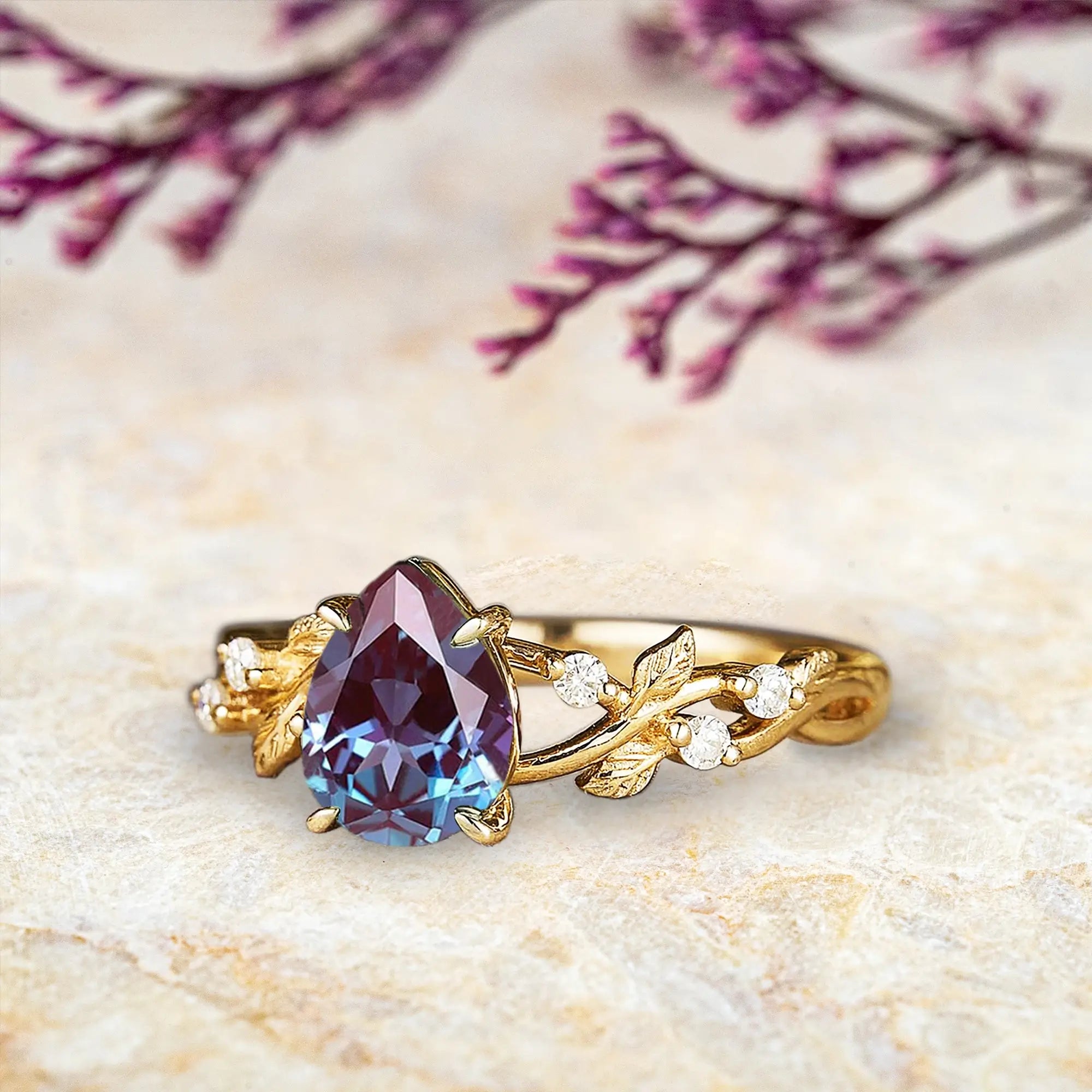 Pear Cut Alexandrite Engagement Rings – Nature-Inspired Gold Leaf Ring For ladies gift