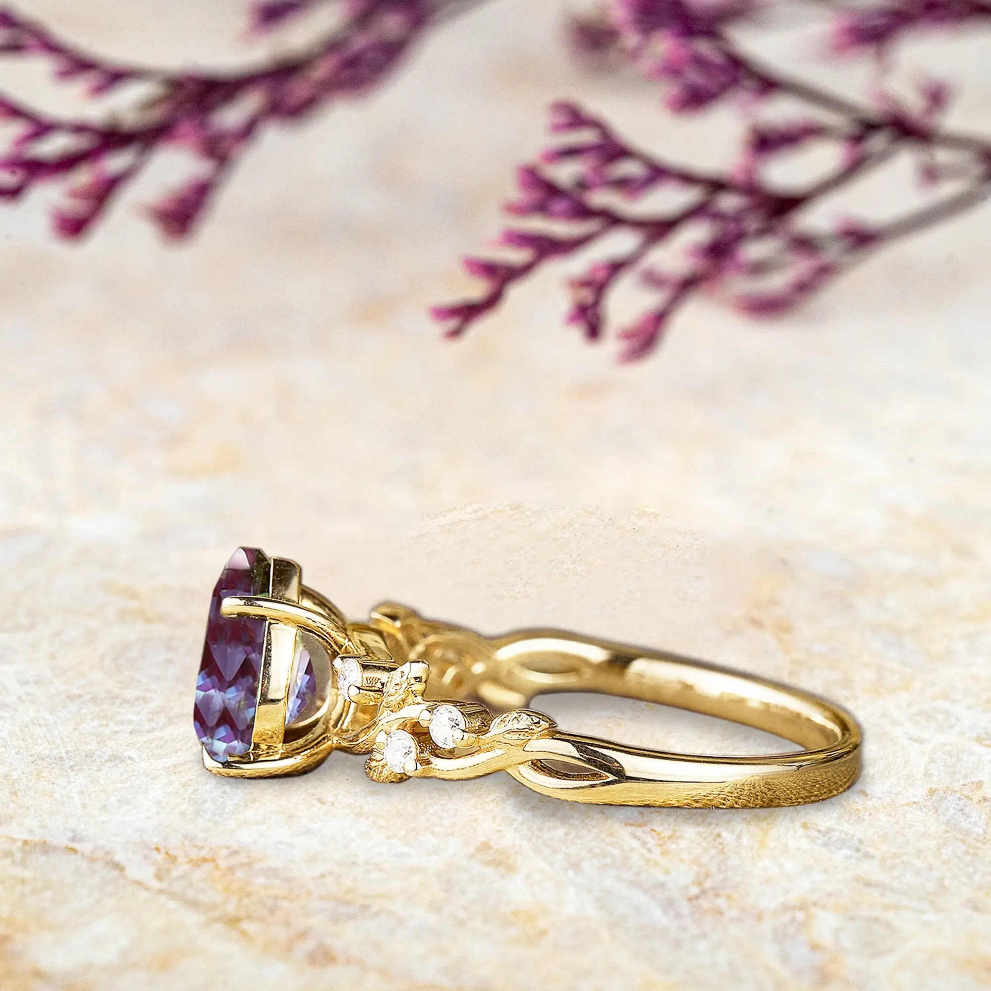 Pear Cut Alexandrite Engagement Rings – Nature-Inspired Gold Leaf Ring For ladies gift