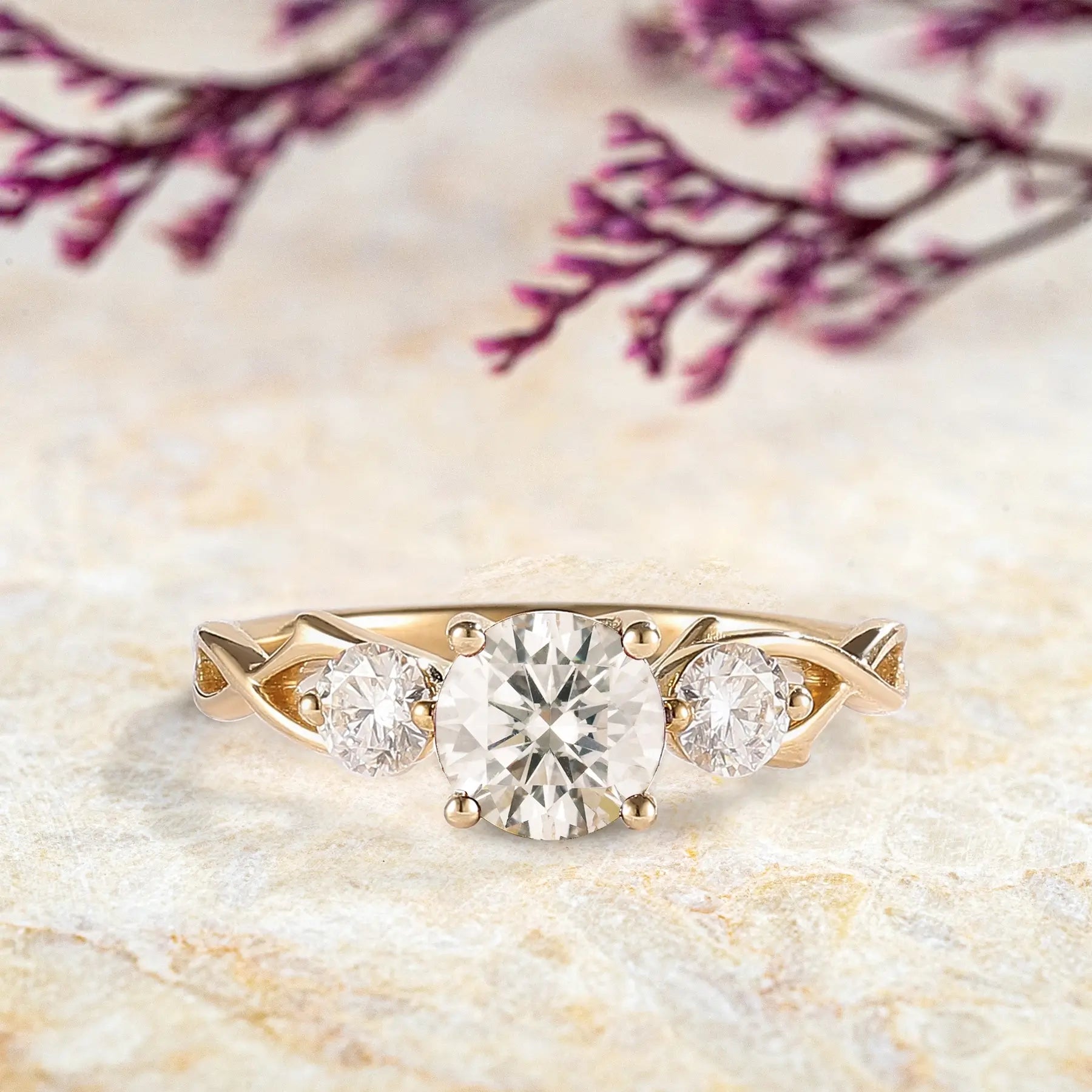 Custom Unique Round Moissanite Three-Stone Engagement Rings – Artistic Gold Ring