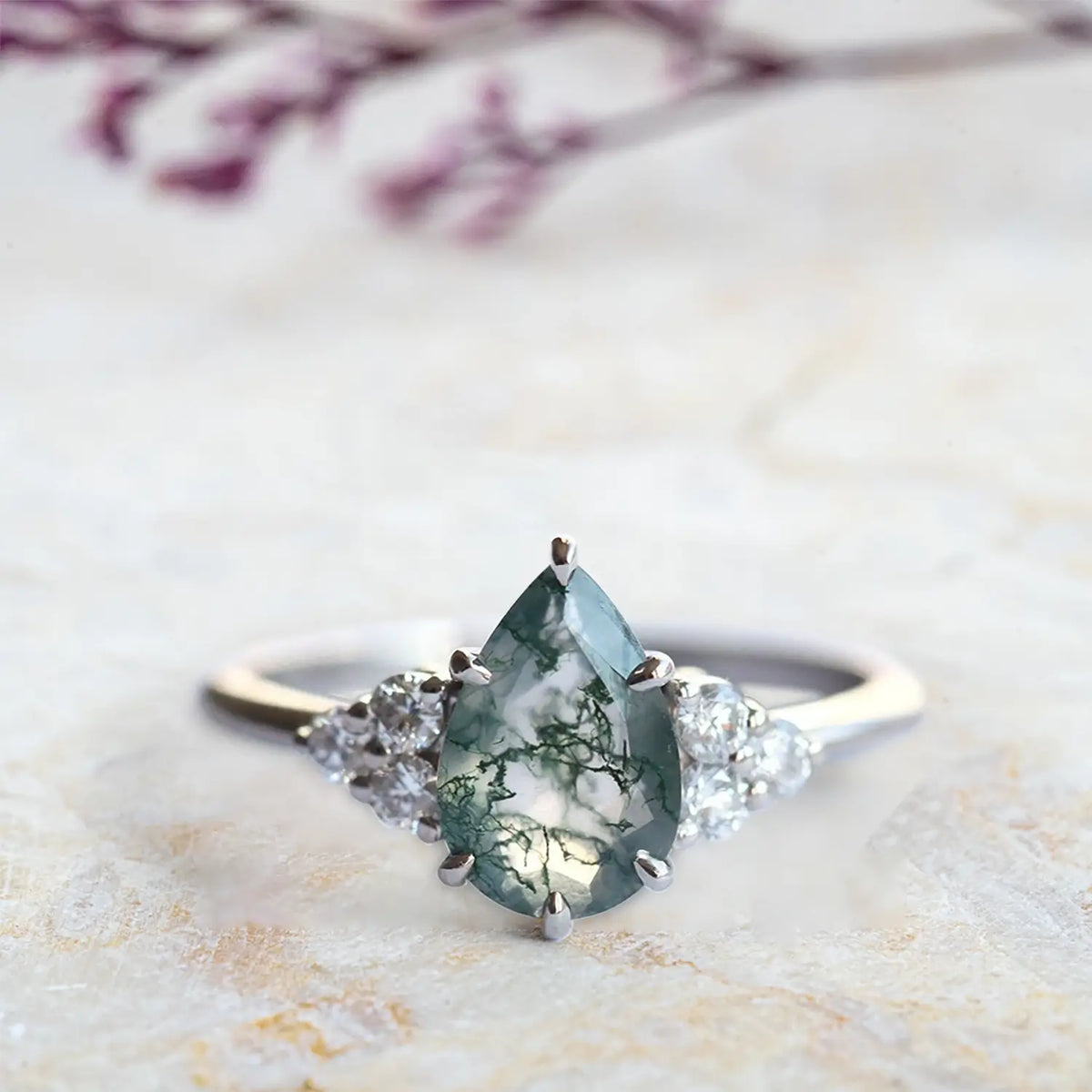 custom Pear Moss Agate Engagement Rings – 14K White Gold Cluster Ring