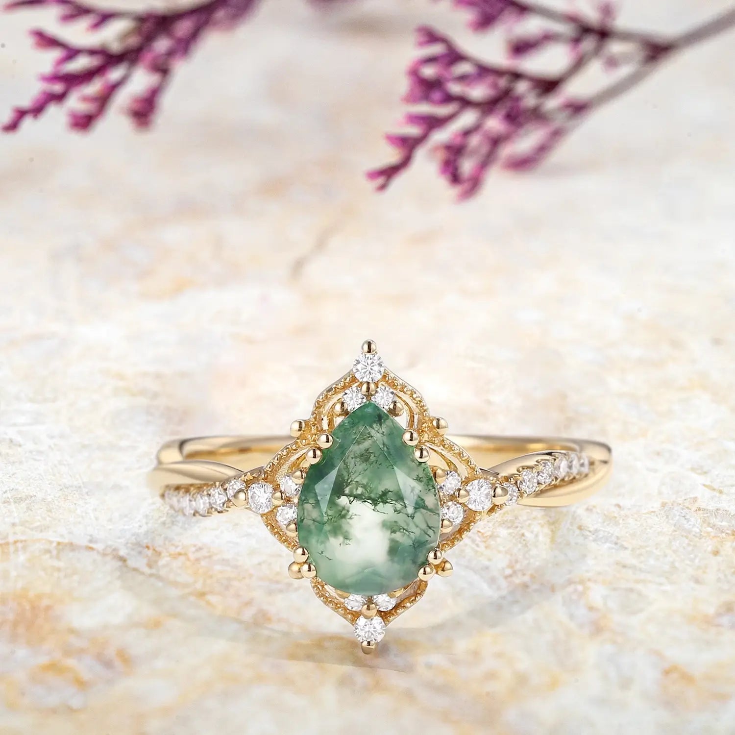 Vintage Moss Agate Engagement Ring – Nature-Inspired Elegance yellow gold ring custom gift