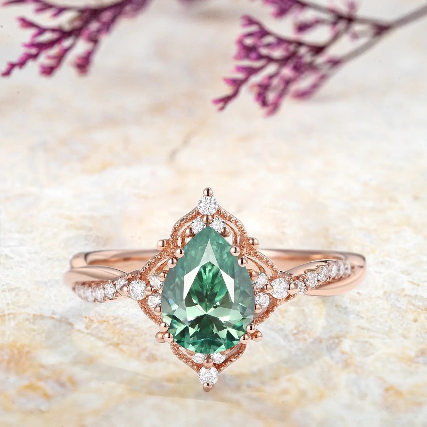 Vintage Teal Moissanite Engagement Ring – Nature-Inspired Infinity Design unique promise rings for ladies 18k jewelry