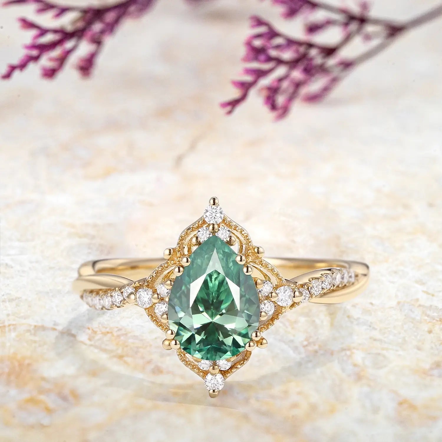 Vintage Teal Moissanite Engagement Ring – Nature-Inspired Infinity Design unique promise rings for ladies 18k yellow gold jewelry