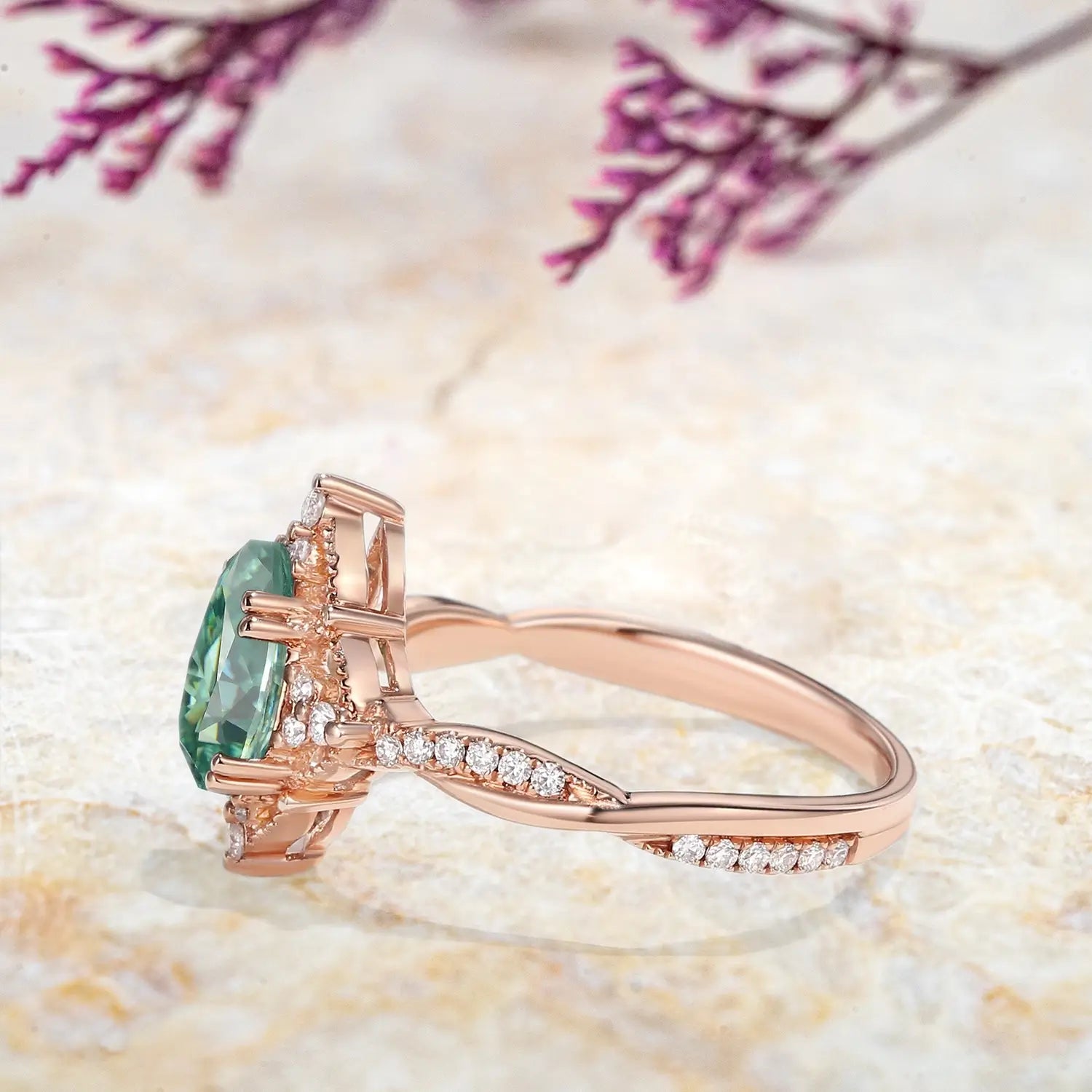 Vintage Teal Moissanite Engagement Ring – Nature-Inspired Infinity Design unique promise rings for ladies 18k jewelry