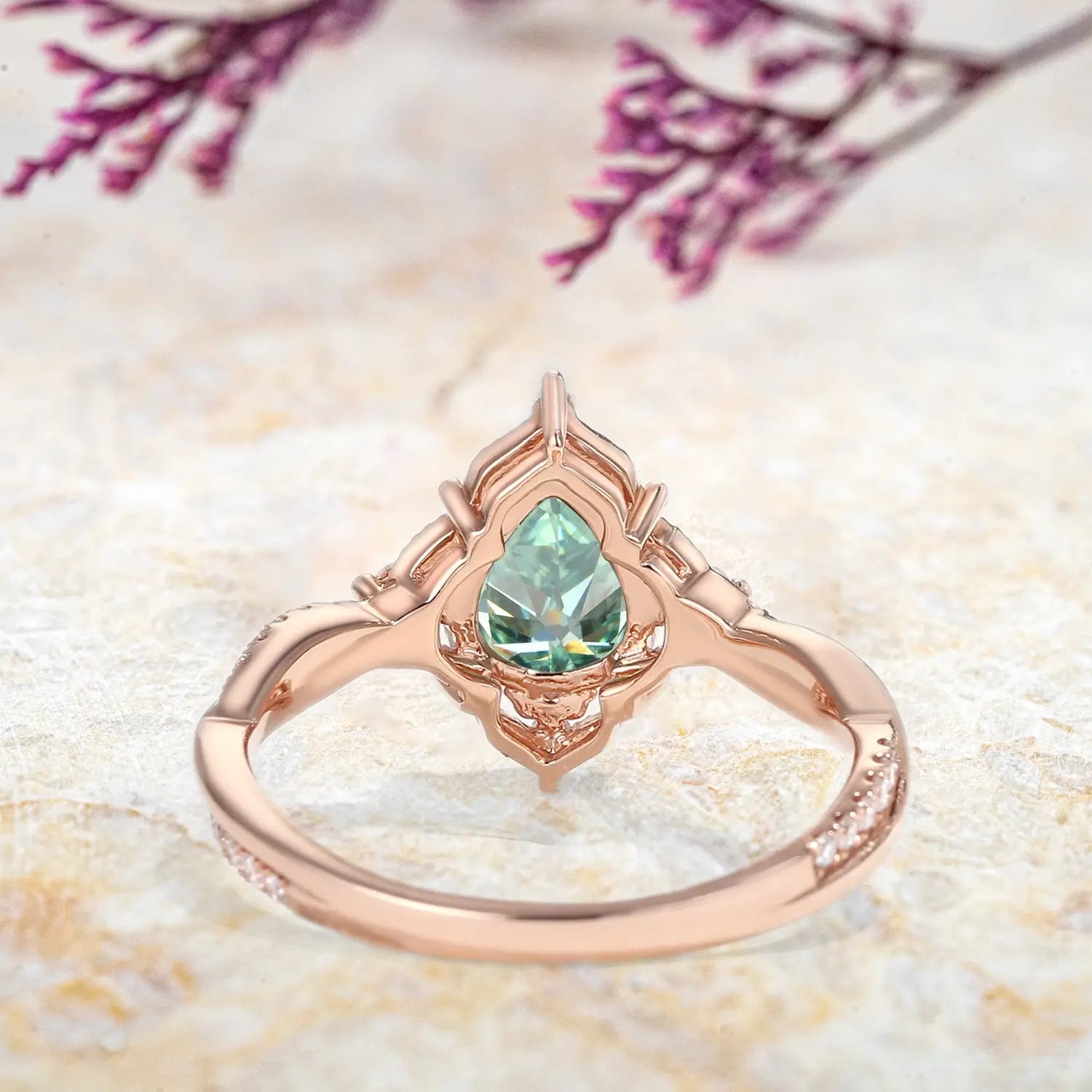 Vintage Teal Moissanite Engagement Ring – Nature-Inspired Infinity Design unique promise rings for ladies 18k jewelry