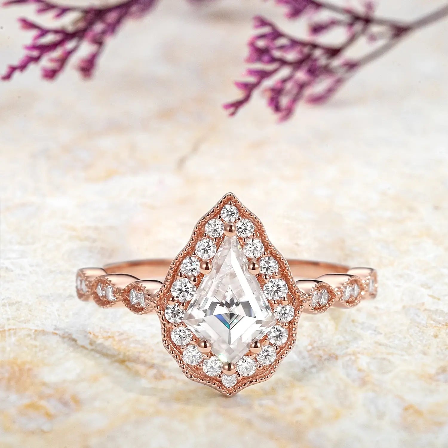 Unique Kite Cut Moissanite Engagement Rings |  Vintage Halo Ring for ladies gift