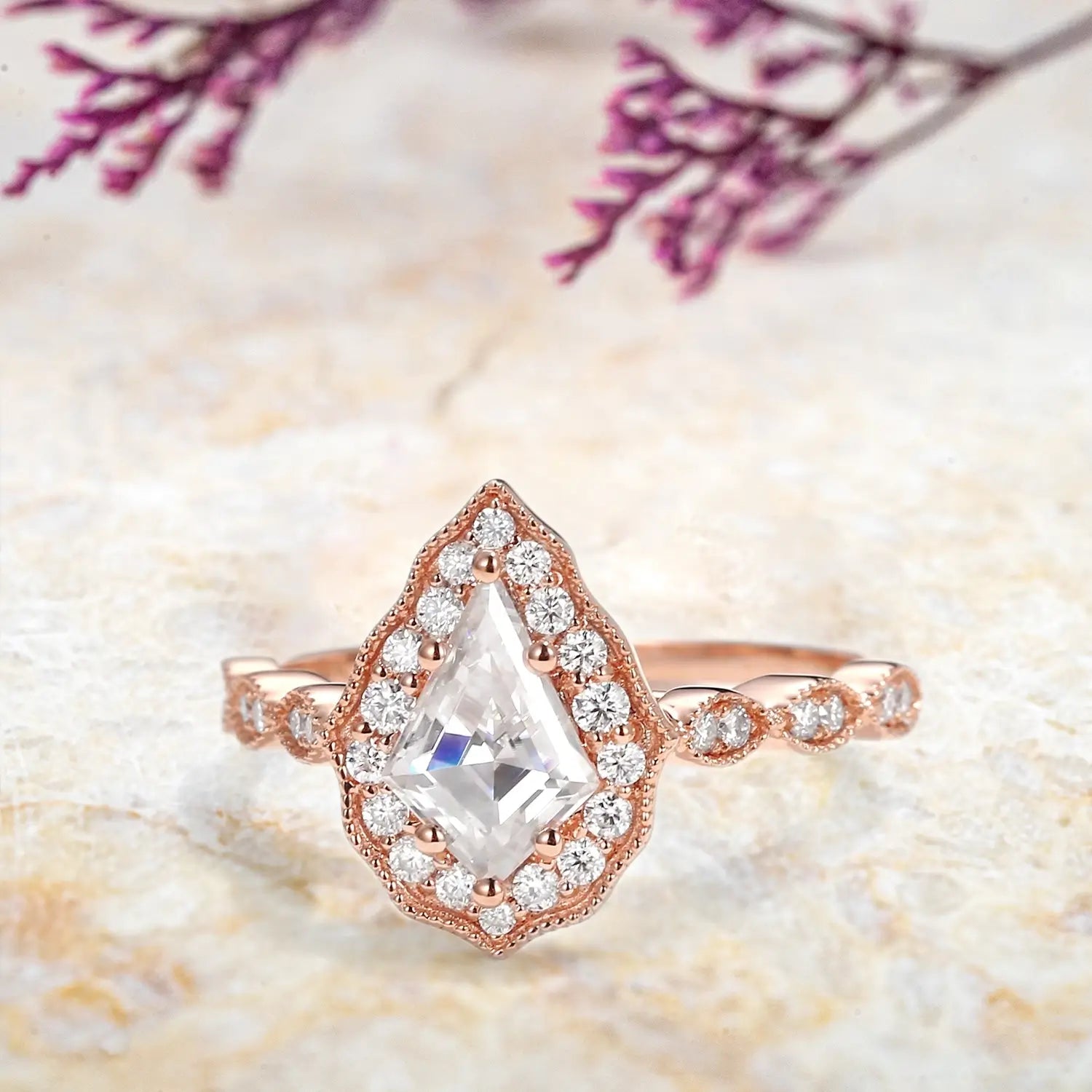 Unique Kite Cut Moissanite Engagement Rings |  Vintage Halo Ring for ladies gift