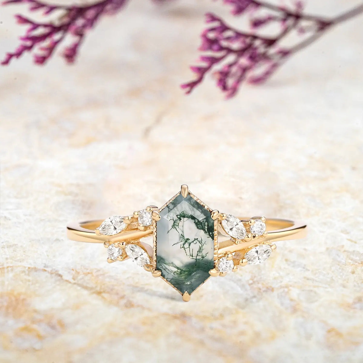 Long Hexagon Moss Agate Engagement Ring – Leaf Rings Art Jewelry for ladies gift | orleone