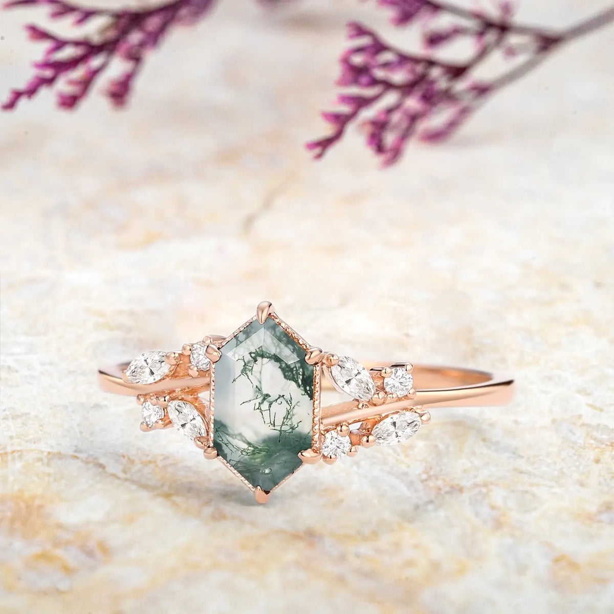 Long Hexagon Moss Agate Engagement Ring – Leaf Rings Art Jewelry for ladies gift | orleone